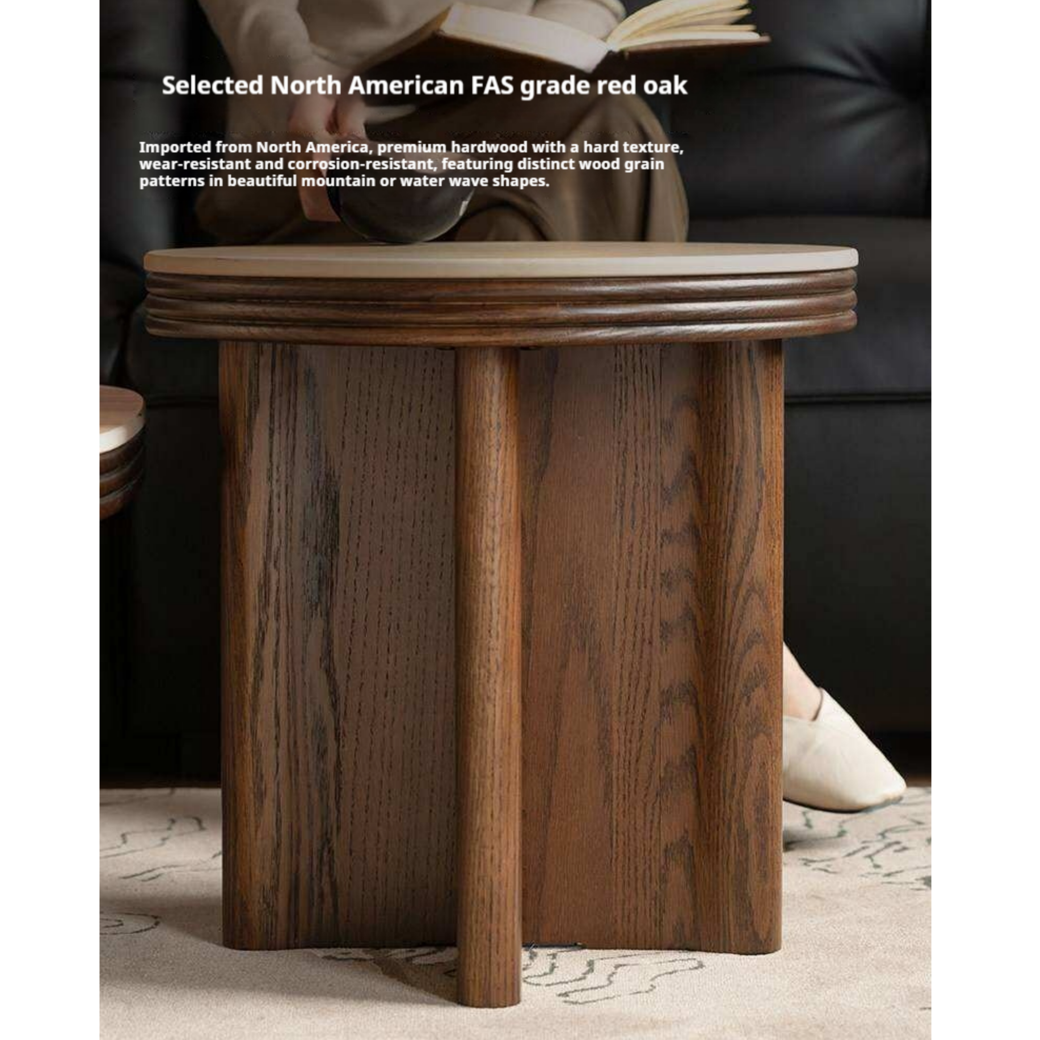 Oak Solid Wood Round Nesting Coffee Table with Stone Surface