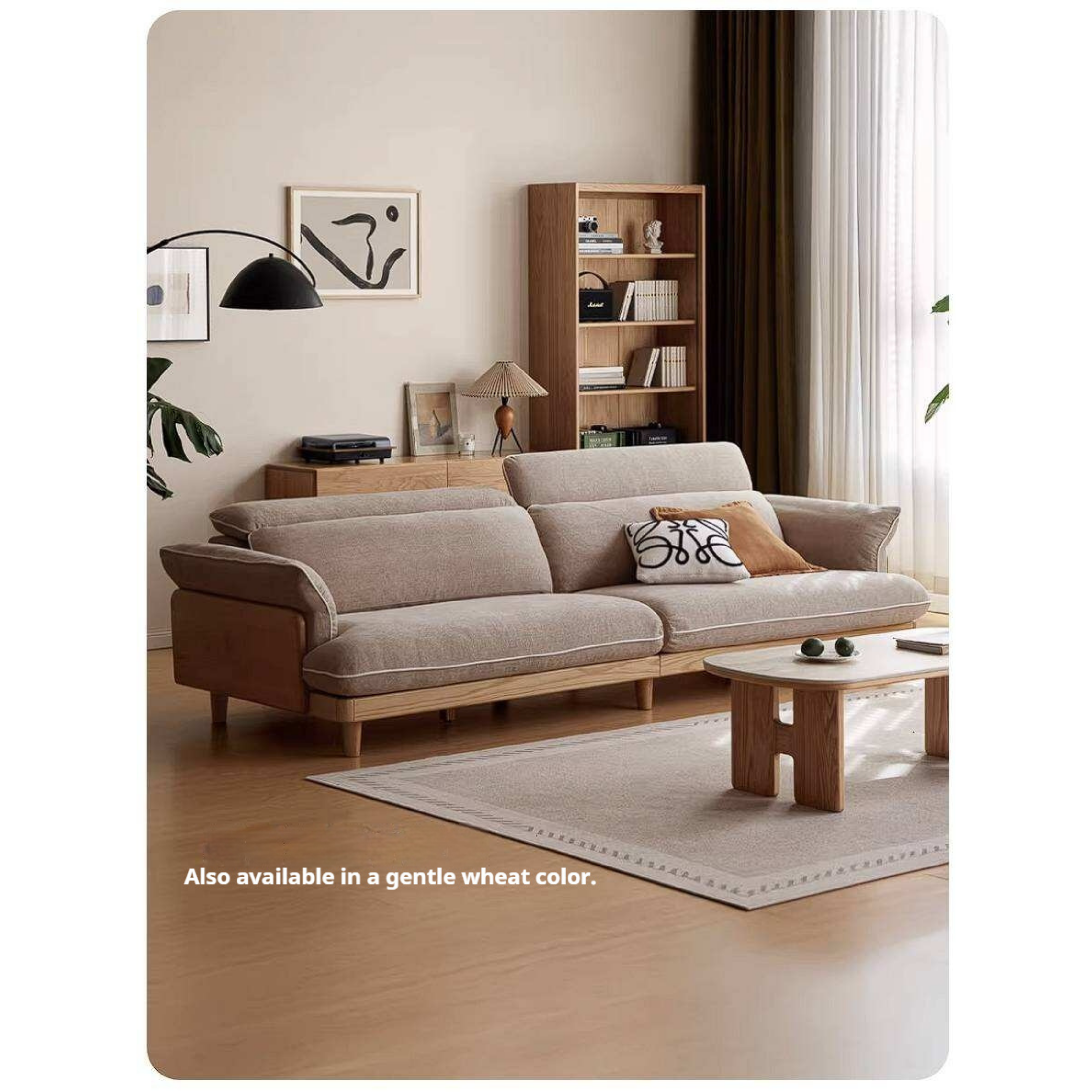 Oak Solid Wood High Back Chenille Sofa with Curved Arms