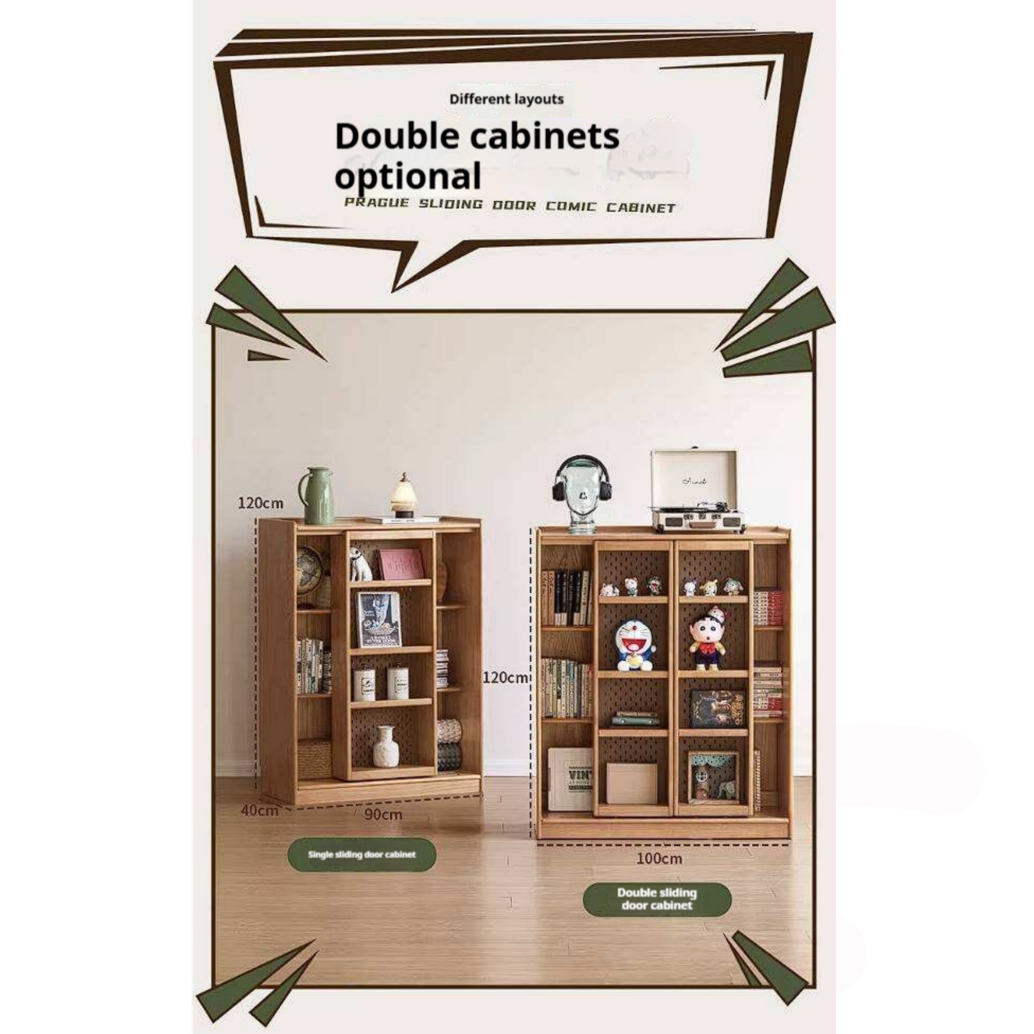 Rubberwood Solid Wood Bookshelf Floor-Standing Shelves and Sliding Doors