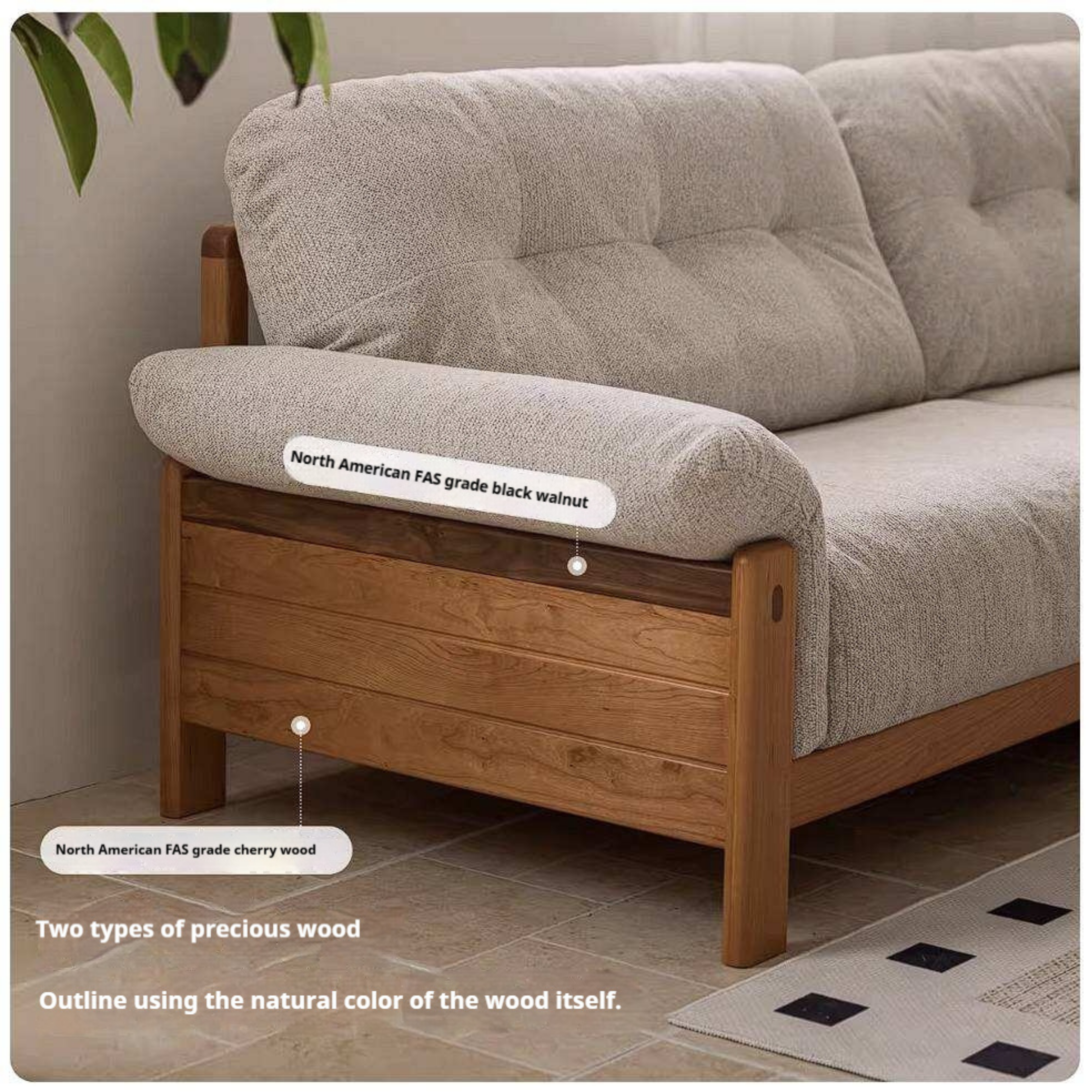 Cherry Solid Wood Vintage Frame Chenille Sofa with Exposed Slatted Arms