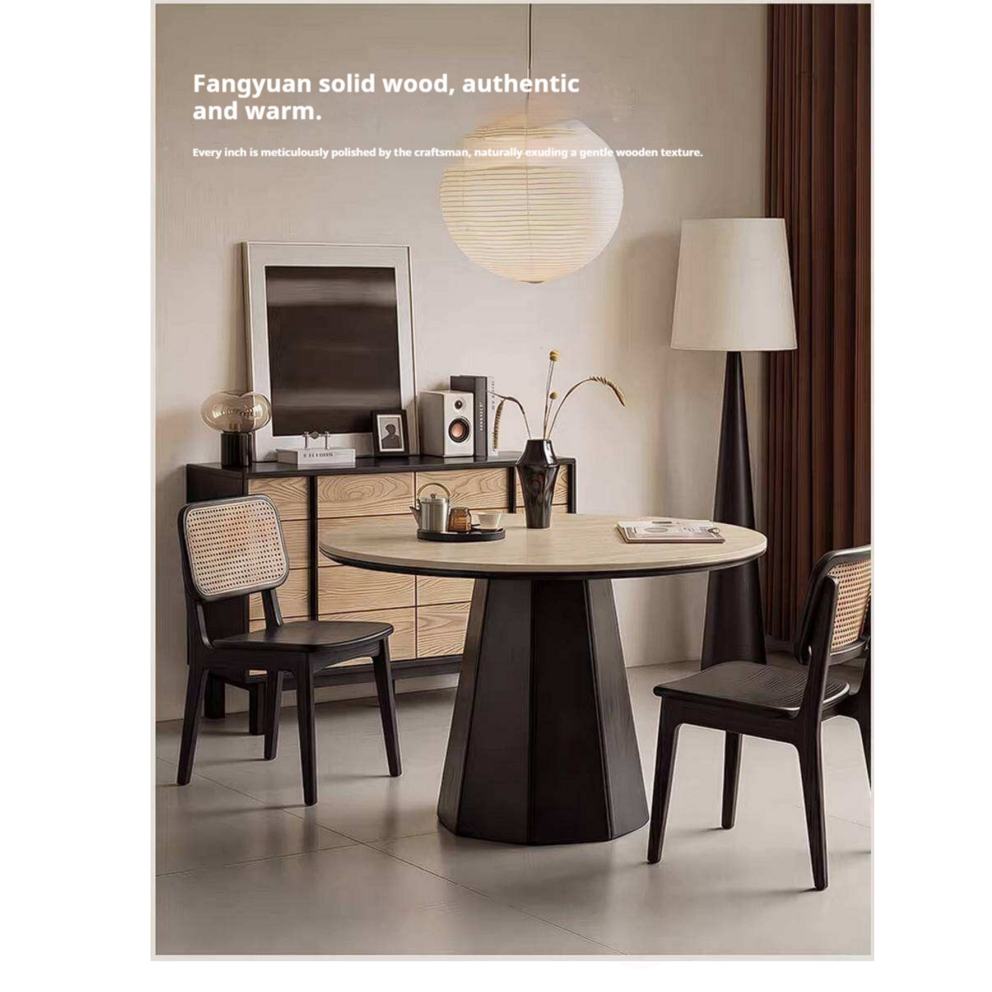 Ash Solid Wood Dining Table with Slate Top, Mid Century Round Design