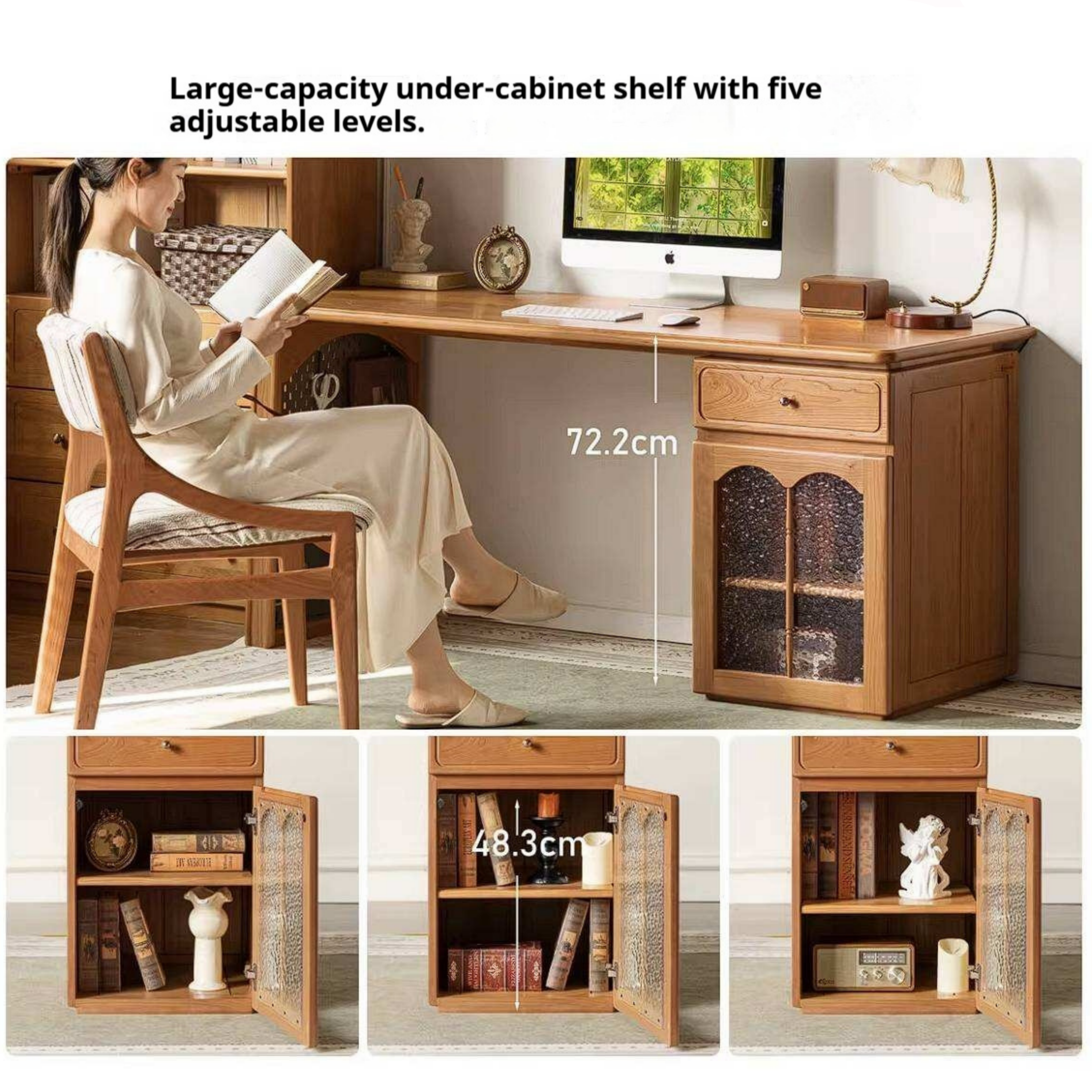 Cherry Solid Wood French Country Writing Desk with Bookshelf Hutch and Cane Door Cabinet