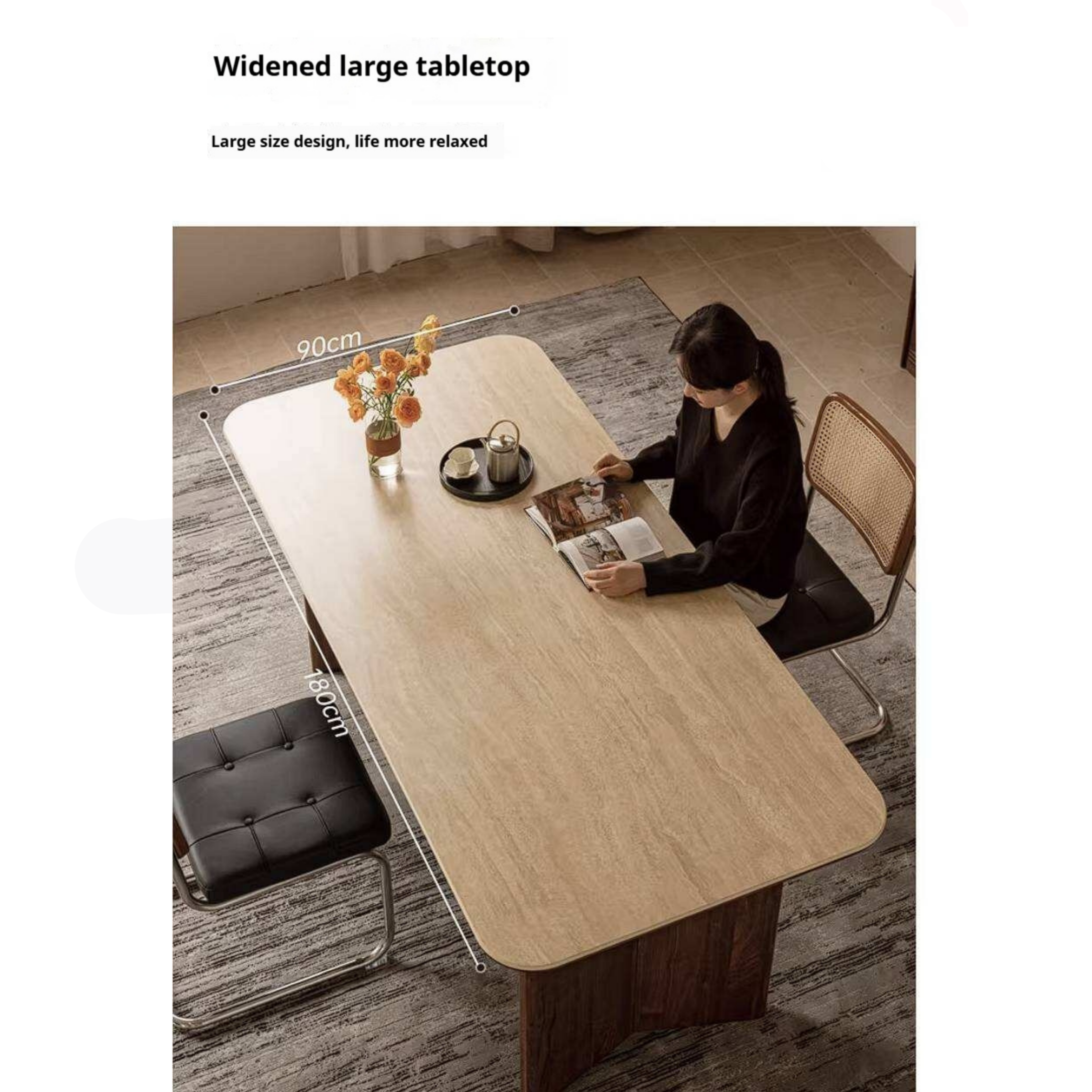 Black Walnut Solid Wood Trestle Dining Table with Stone Top and Panel Legs