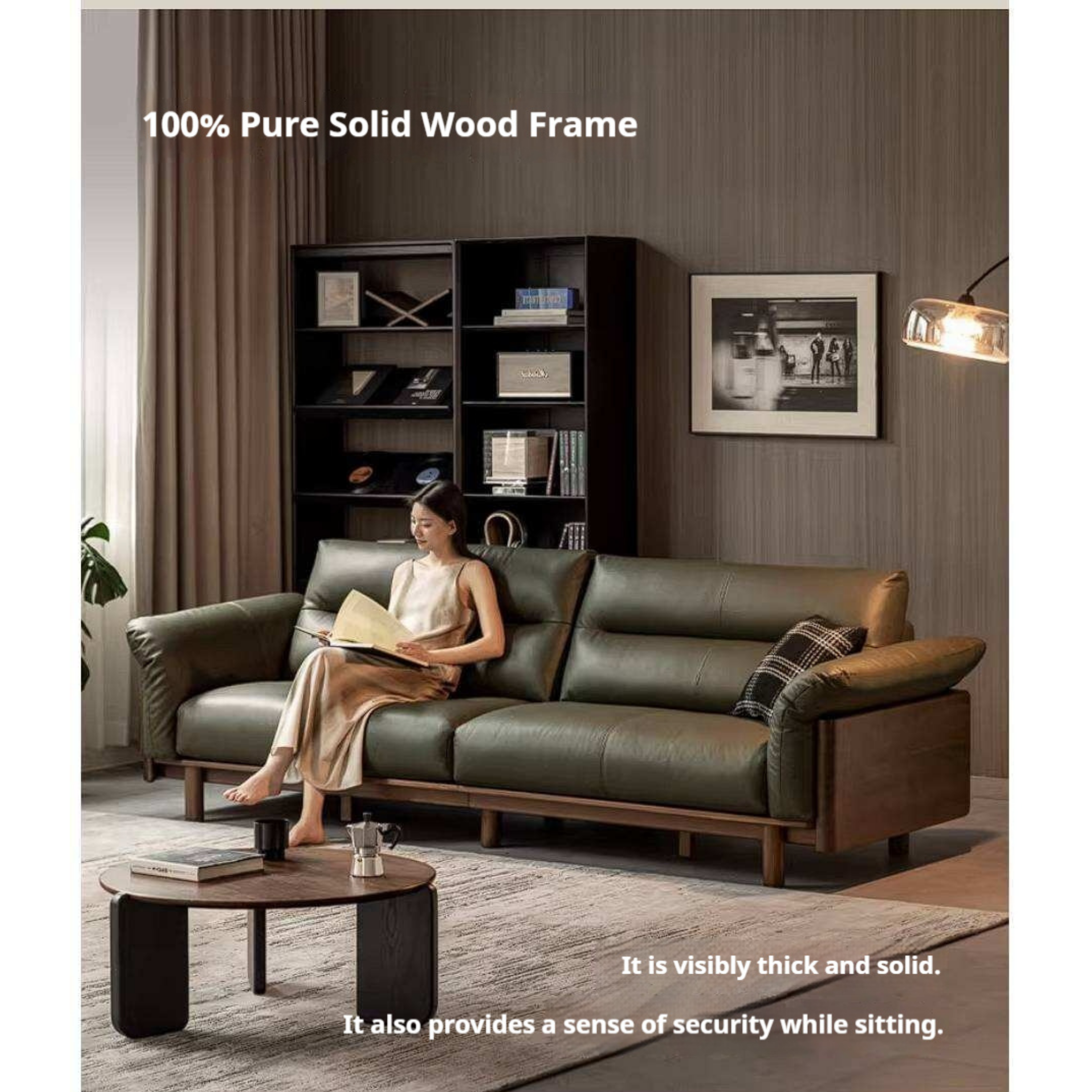 Black Walnut Solid Wood Genuine Leather Sofa with High Back