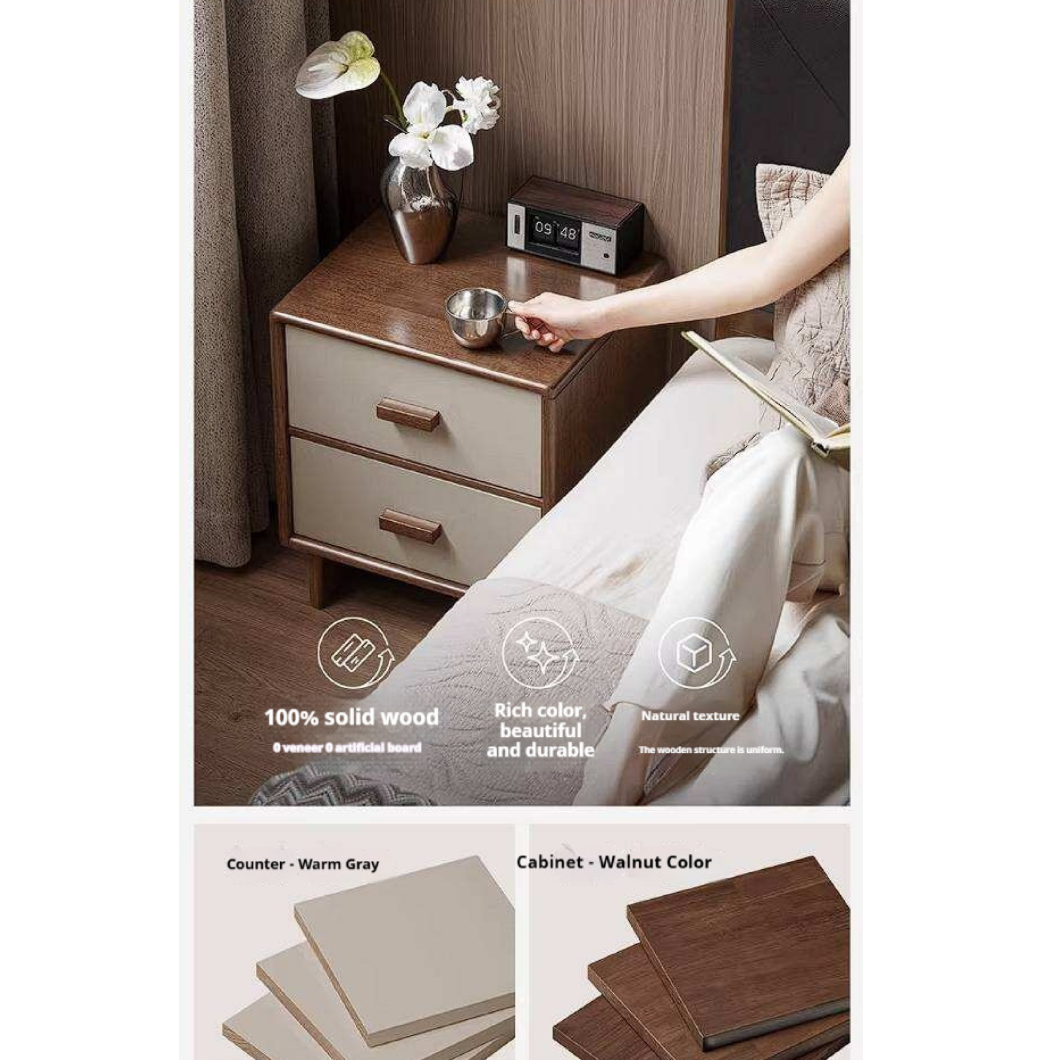 Rubberwood Solid Wood Two-Tone Nightstand with Cream Drawer Fronts and Tapered Legs