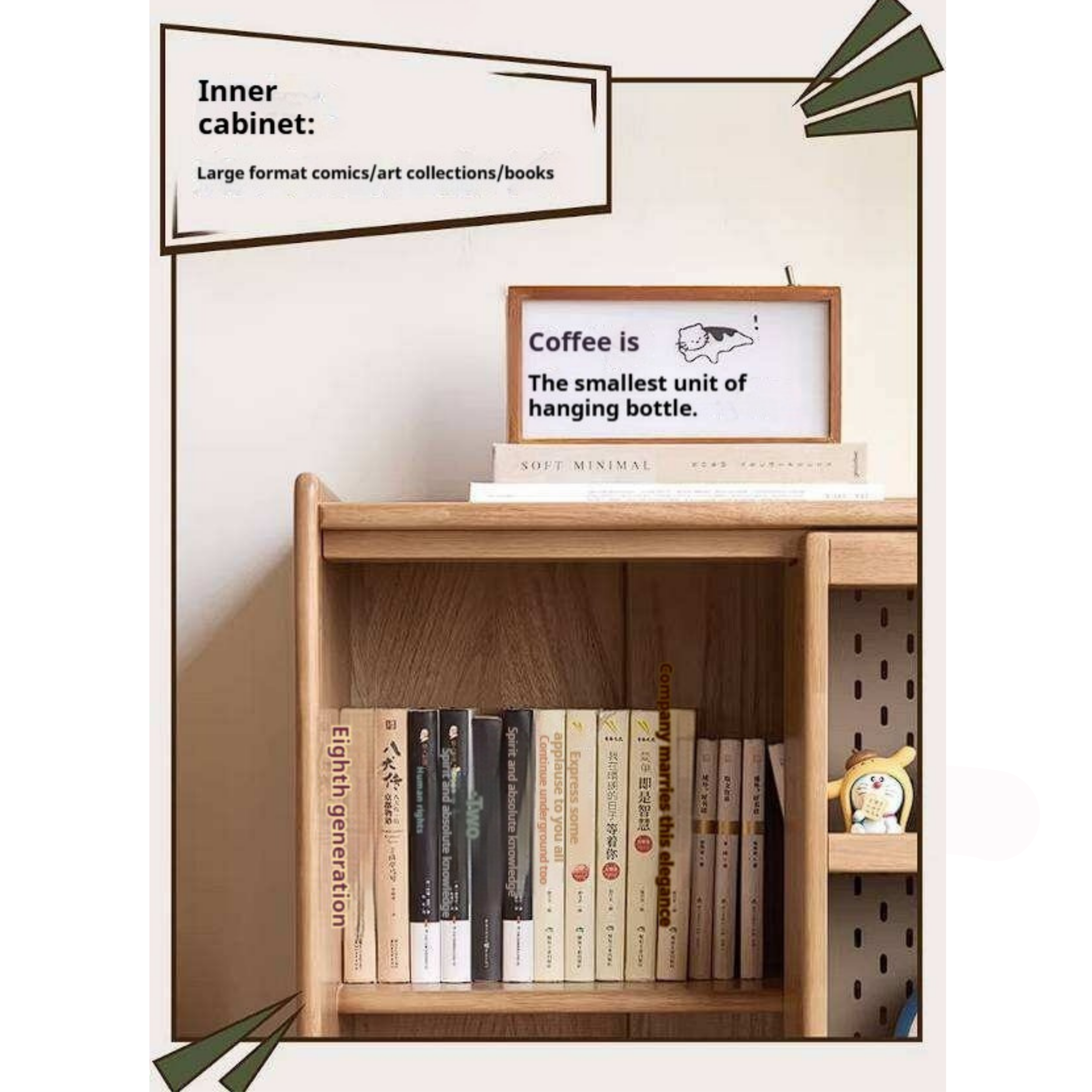 Rubberwood Solid Wood Bookshelf Floor-Standing Shelves and Sliding Doors