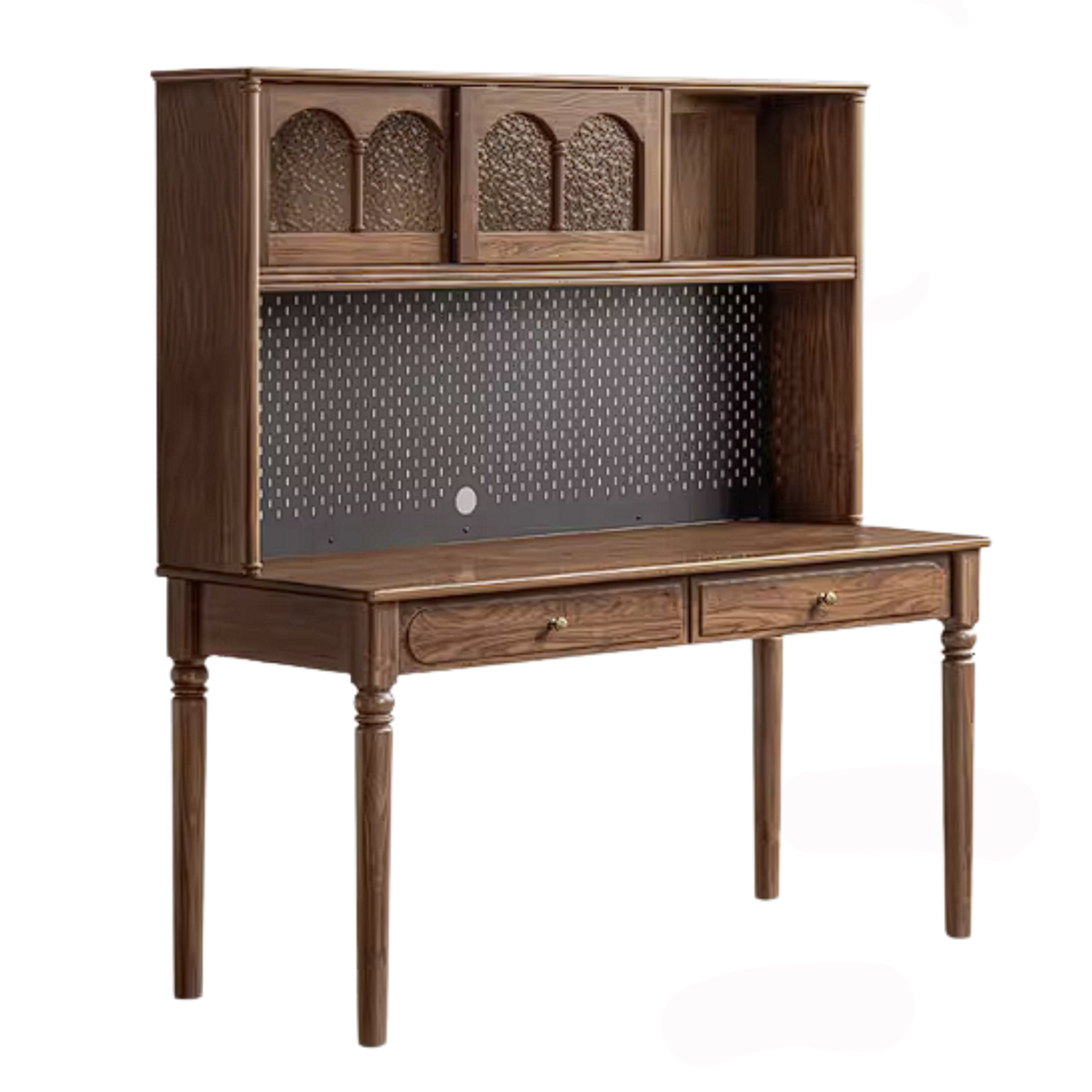 Black Walnut Solid Wood French Vintage Writing Desk with Arched Cane Door Hutch and Turned Spindle Legs