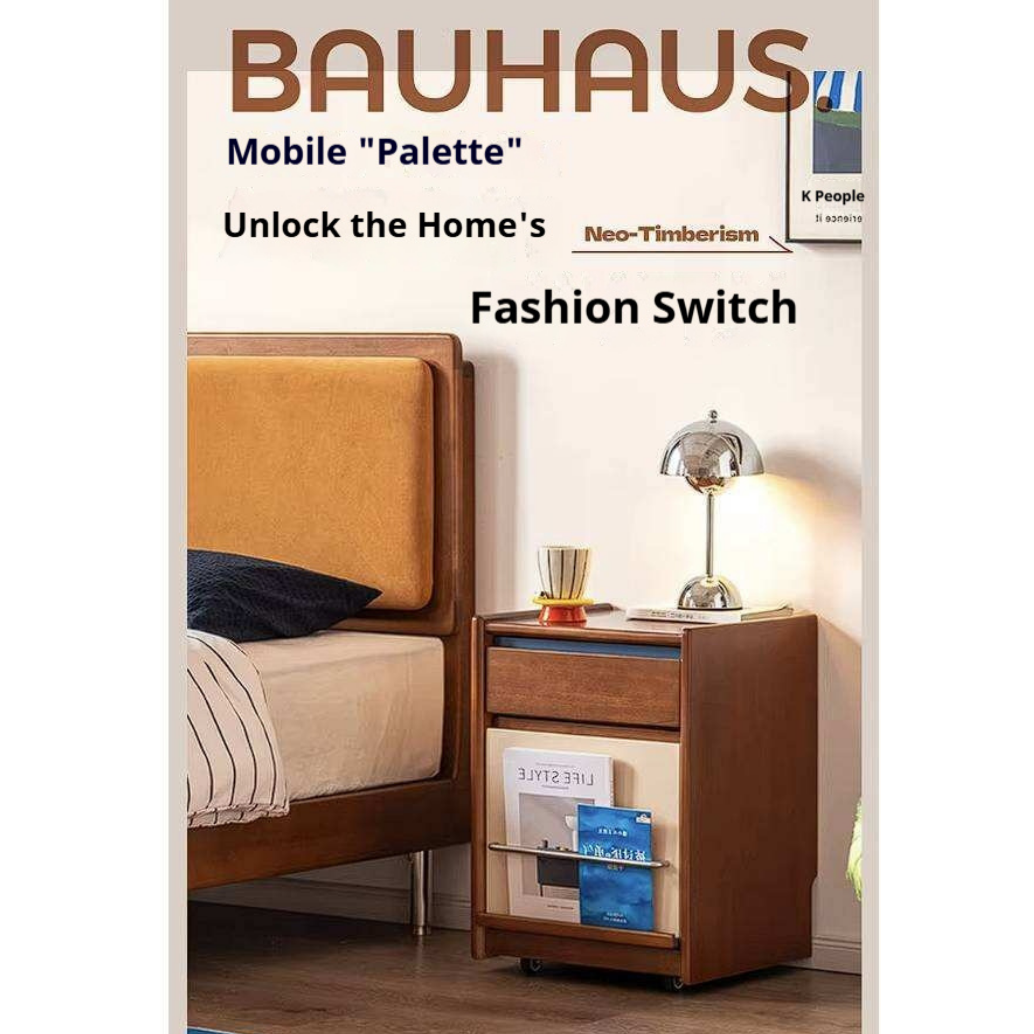 Poplar Solid Wood Two-Tone Rolling Nightstand with Magazine Rail