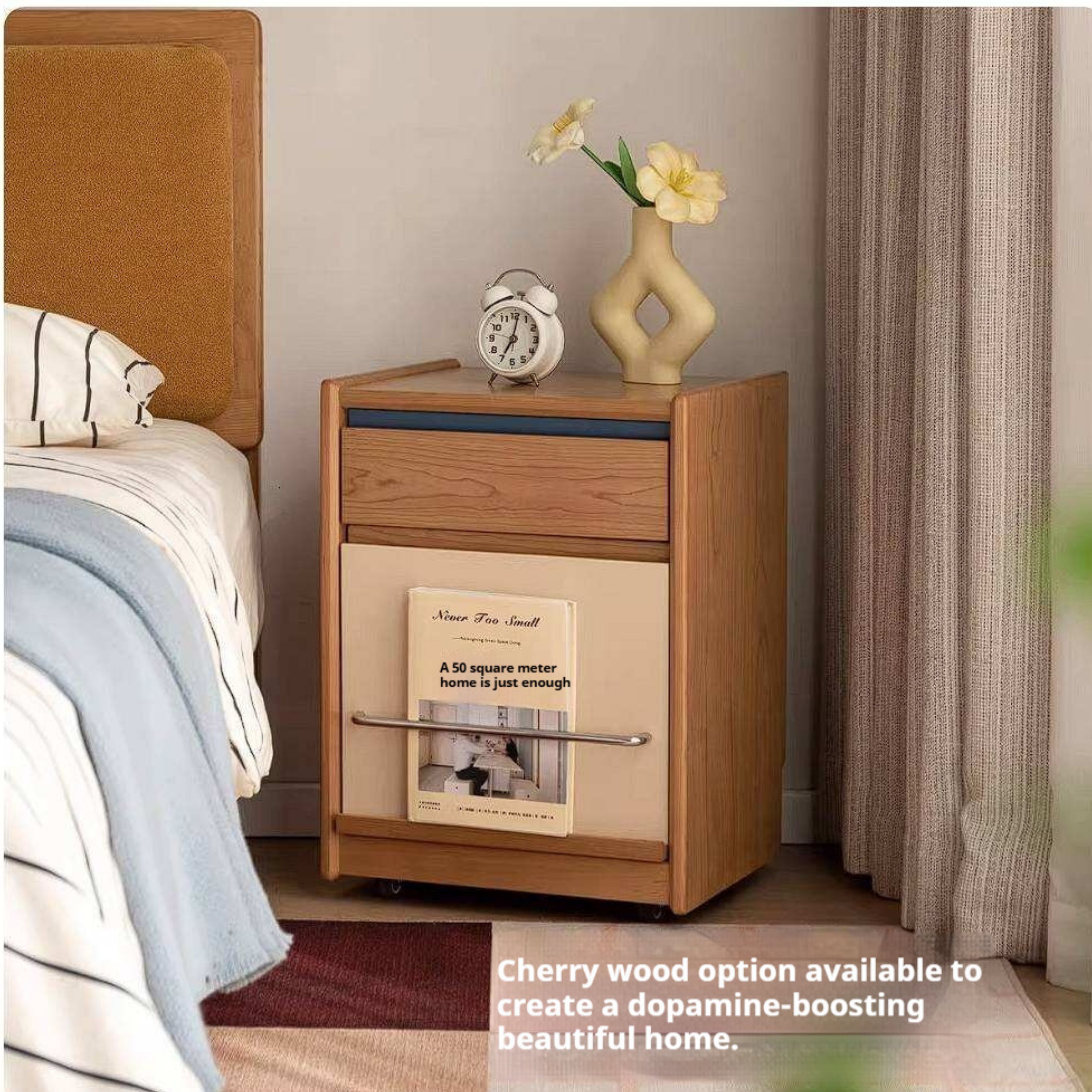 Poplar Solid Wood Two-Tone Rolling Nightstand with Magazine Rail