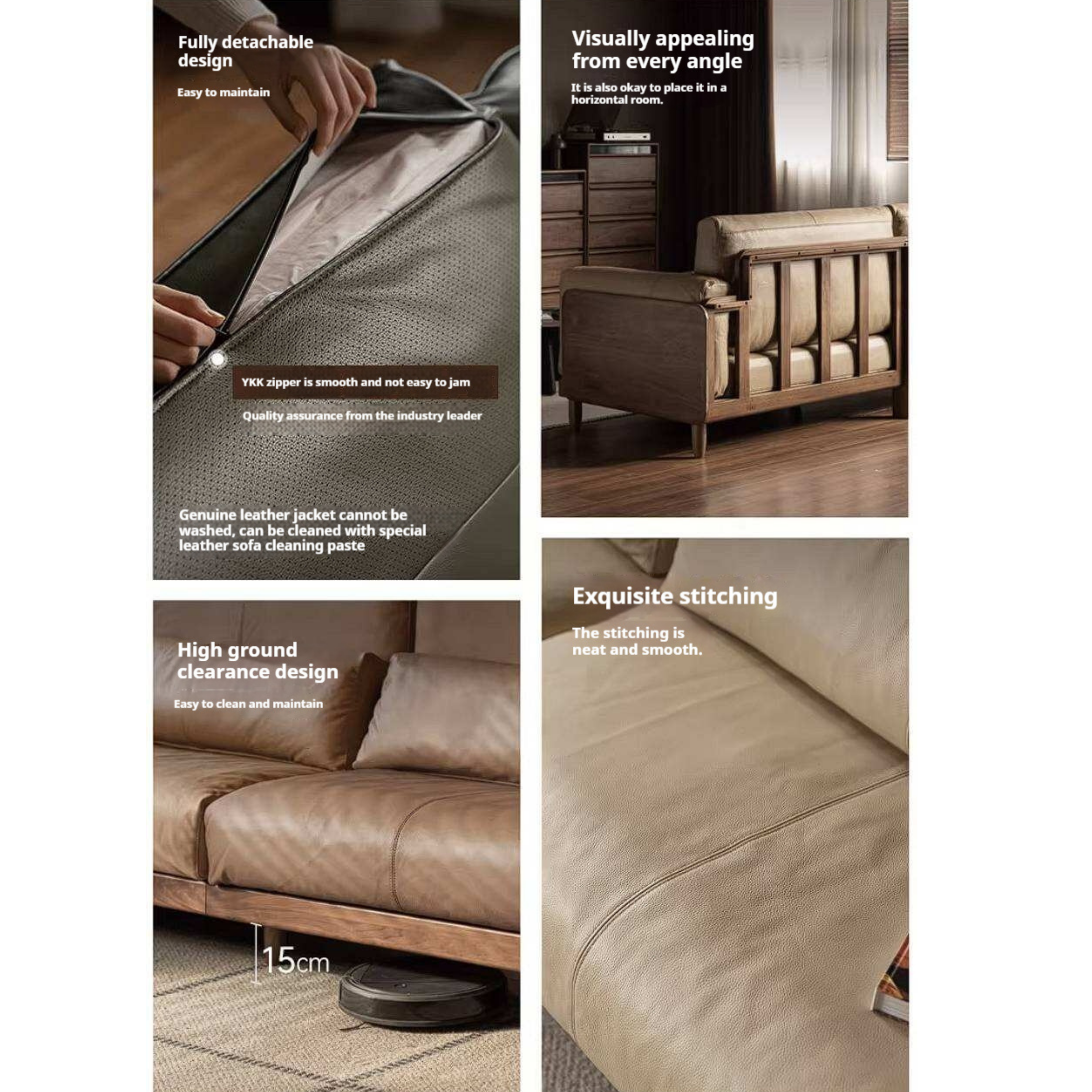 Black Walnut, Golden Sandalwood Solid Wood Sofa Genuine leather, fabric