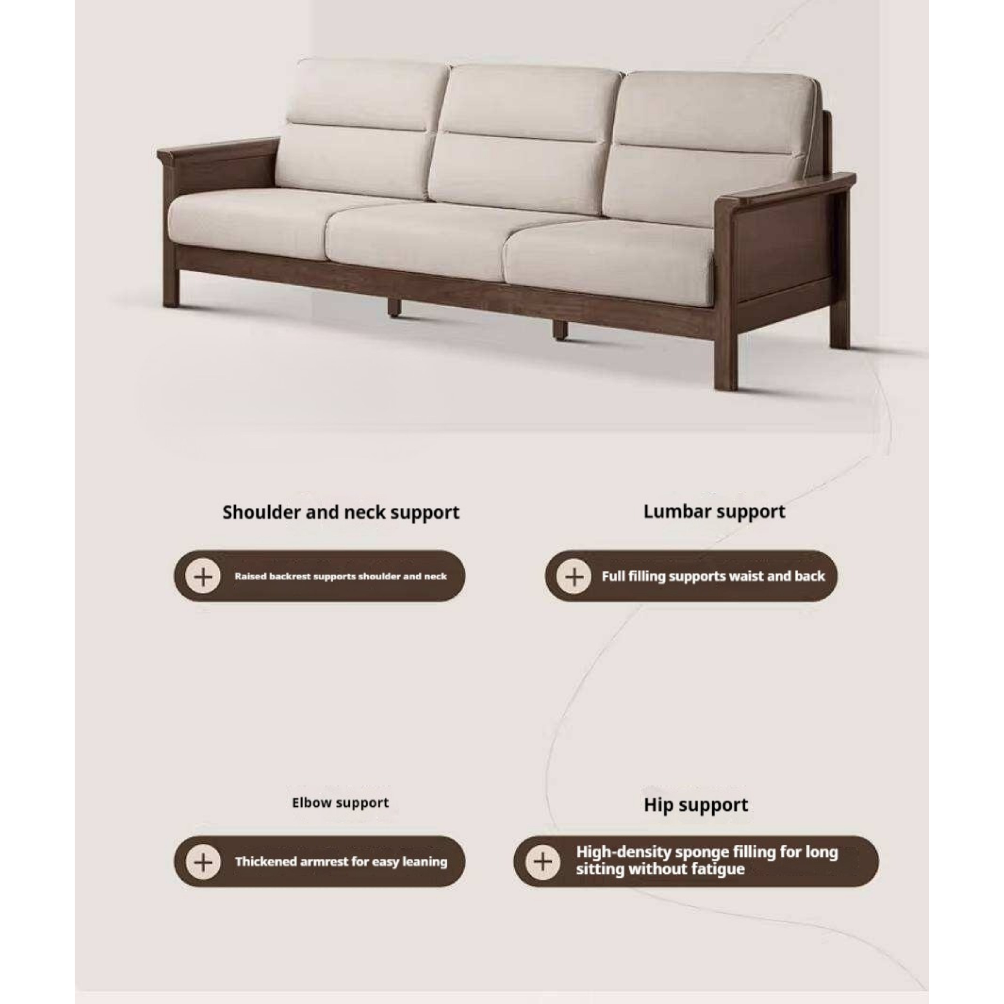 Golden Sandalwood Solid Wood Sofa with Soft Fabric Cushions