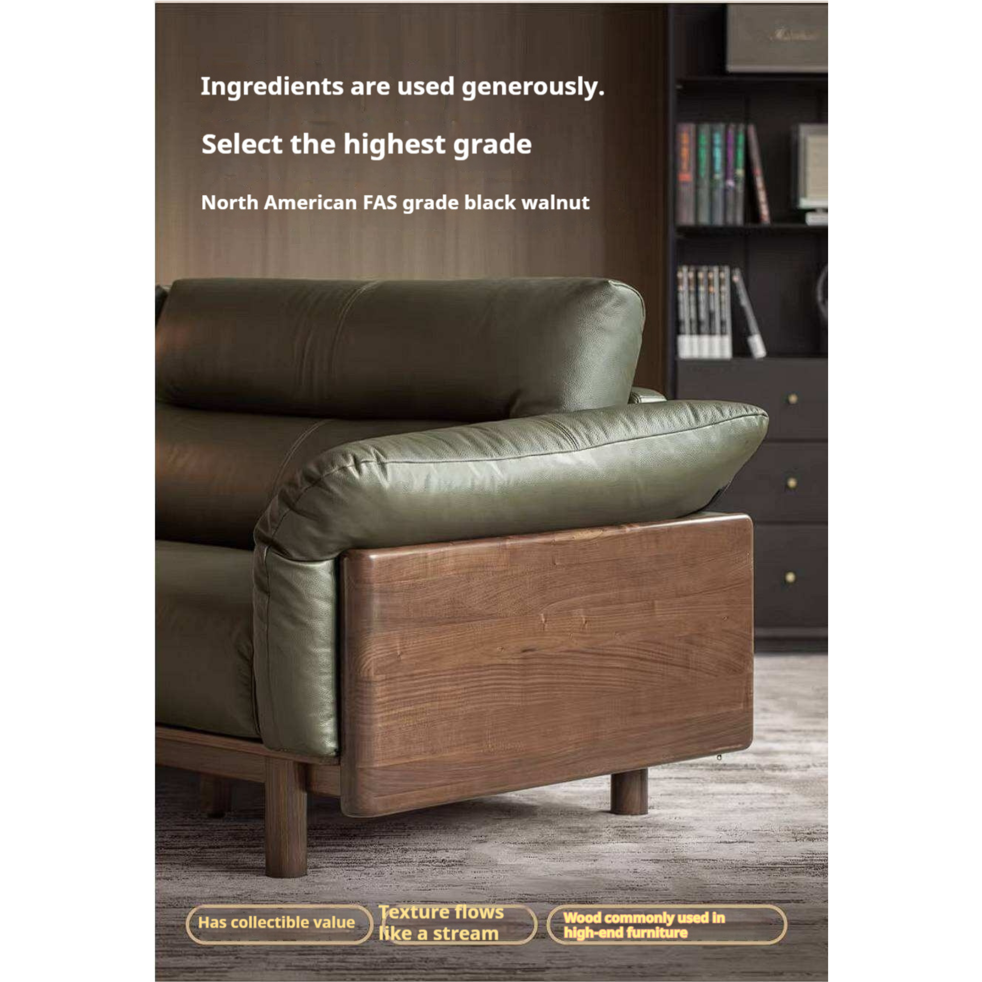 Black Walnut Solid Wood Genuine Leather Sofa with High Back