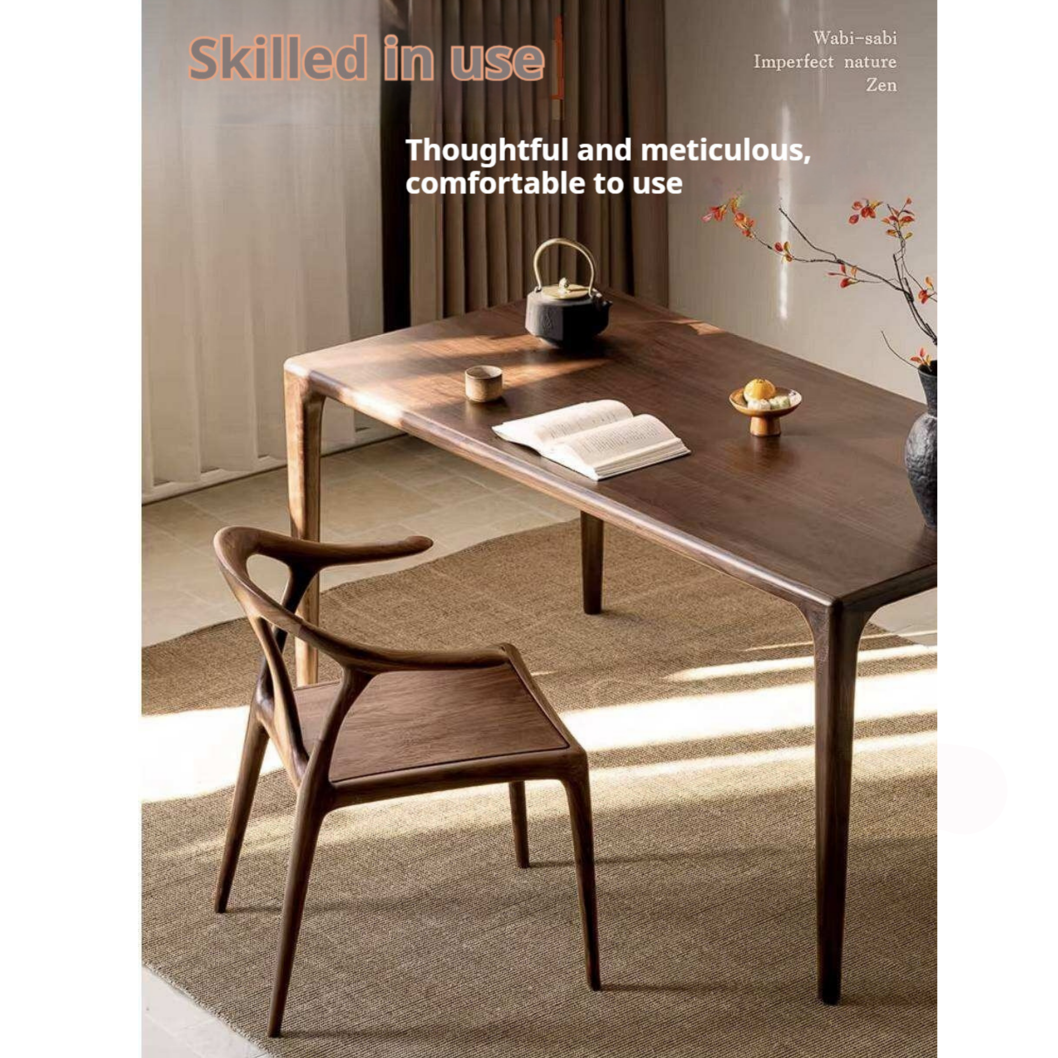 Black Walnut Solid Wood Ox Horn Dining Chair with Carved Curved Armrests