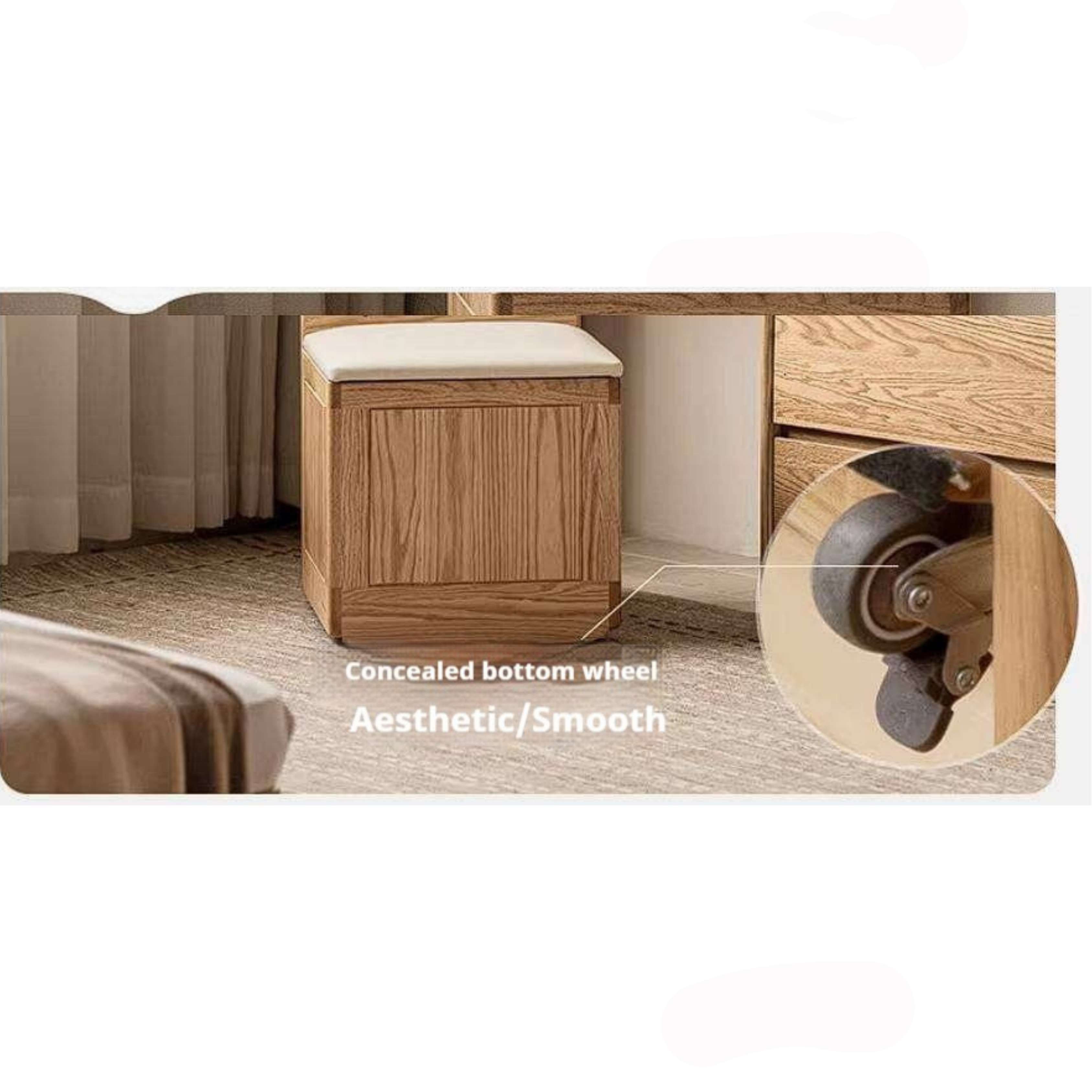 Oak, Ash, Black Walnut, Cherry Solid Wood Storage Vanity Stool with Upholstered Flip-Top Seat and Drawer