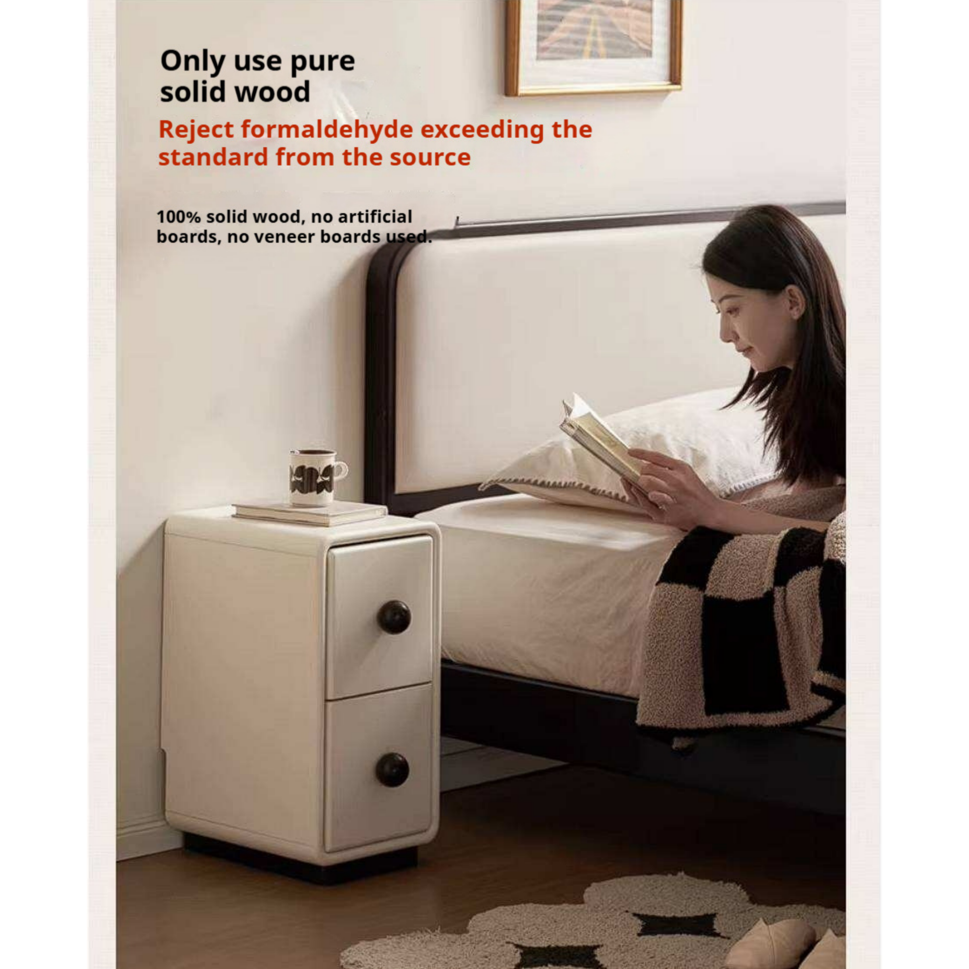 Rubberwood Solid Wood Slim Cream White Nightstand with Rounded Corners and Two Drawers