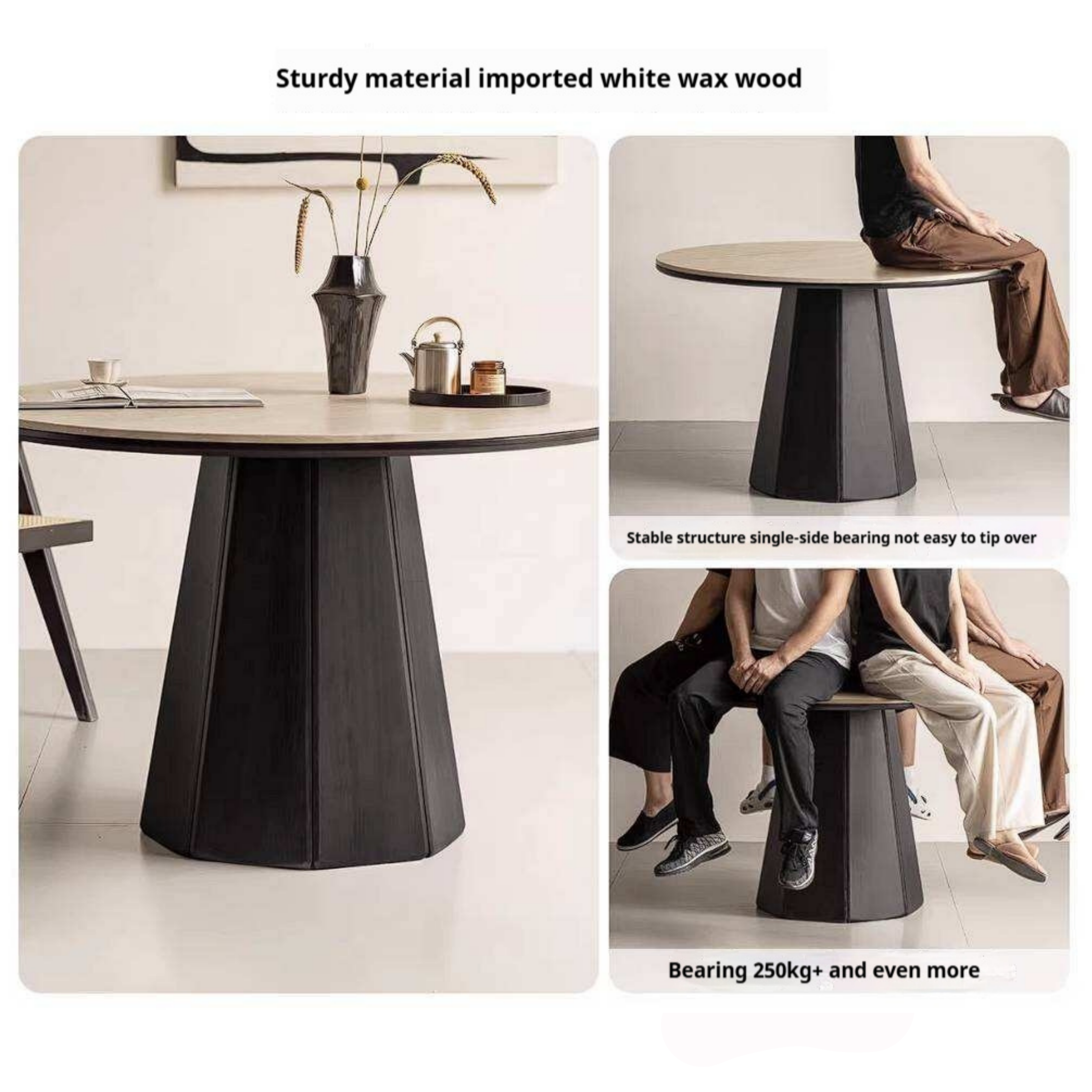 Ash Solid Wood Dining Table with Slate Top, Mid Century Round Design