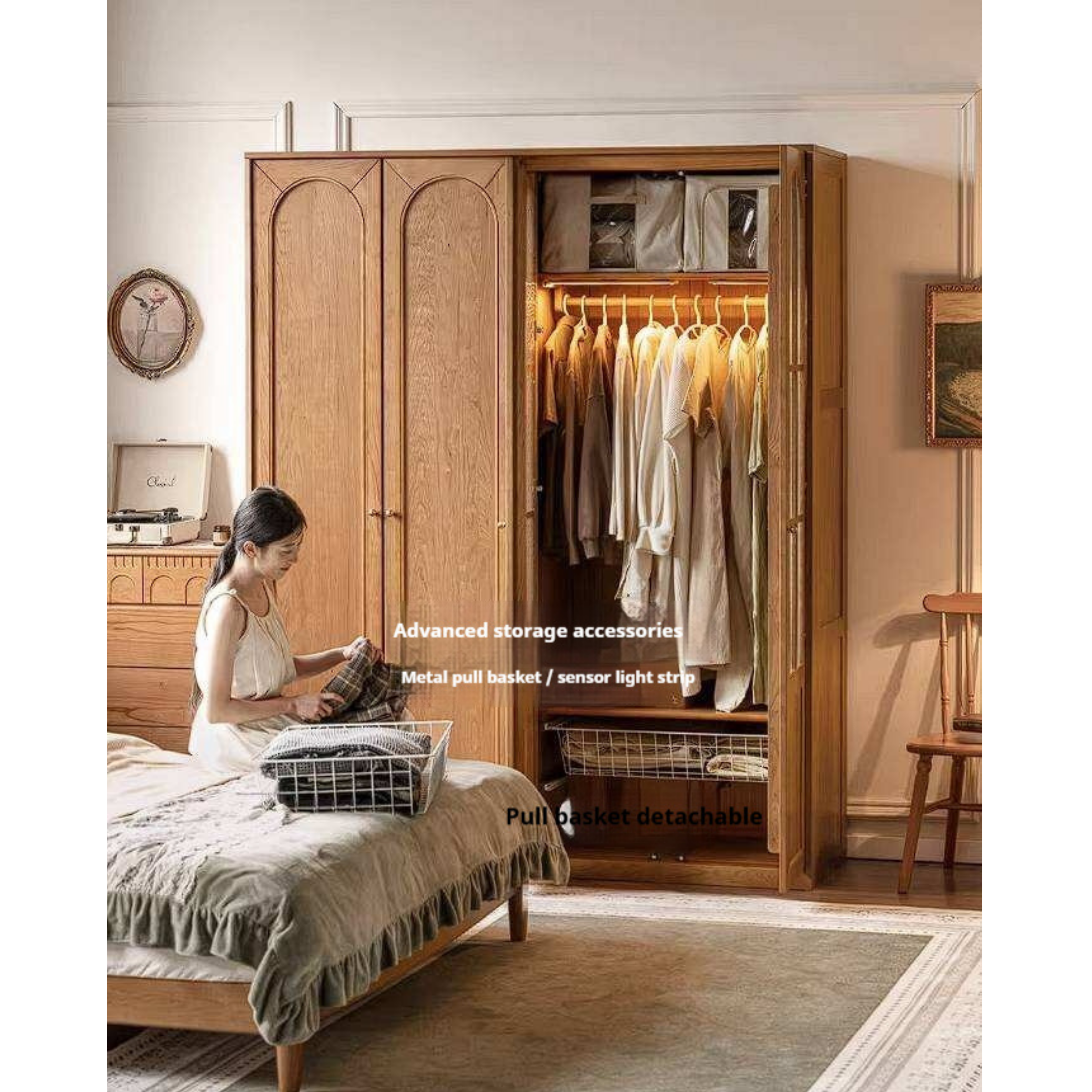 Cherry Solid Wood Wardrobe with French Retro Style Double Door Design