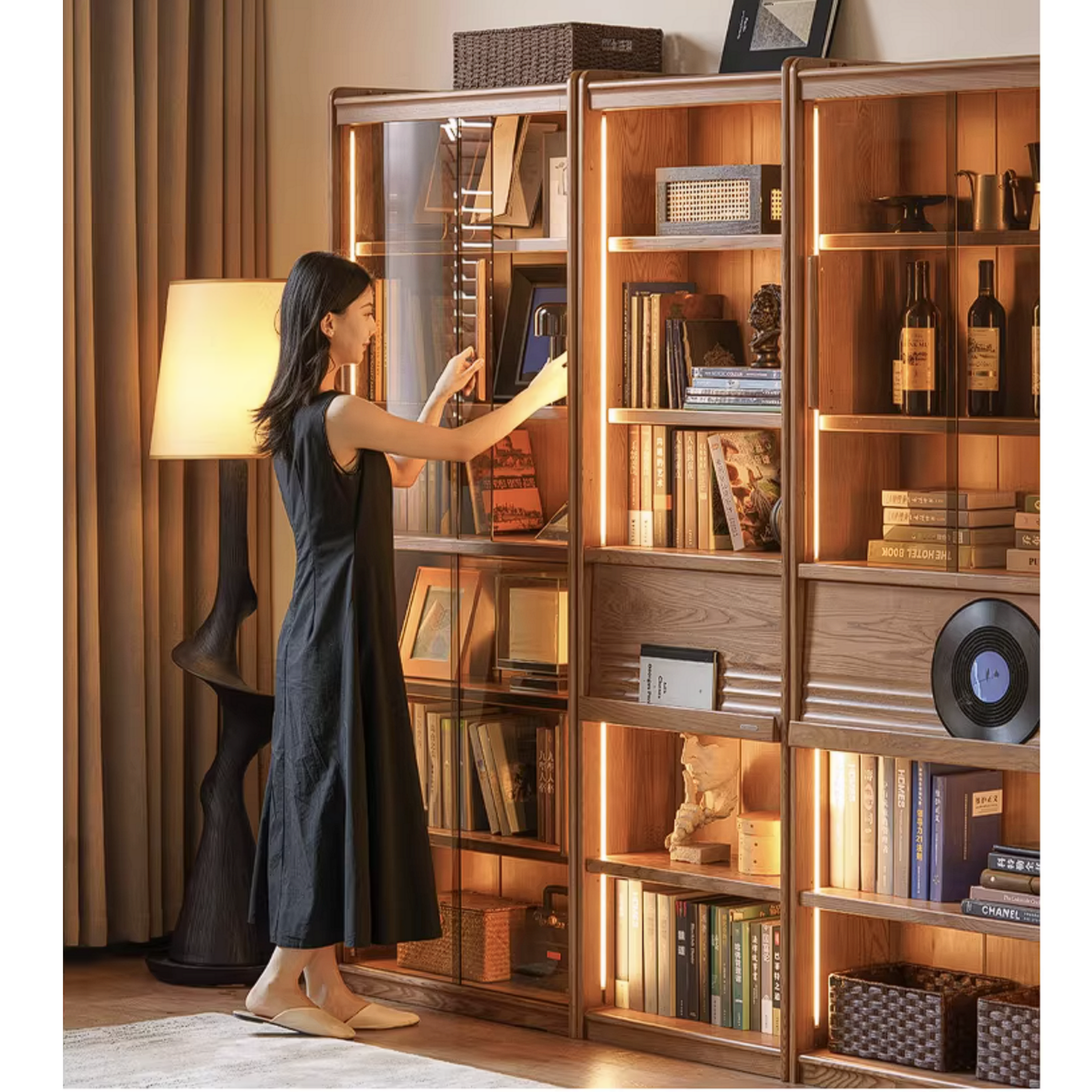 Ash Solid Wood Bookcase with Wall-Mounted Display and Storage Cabinet