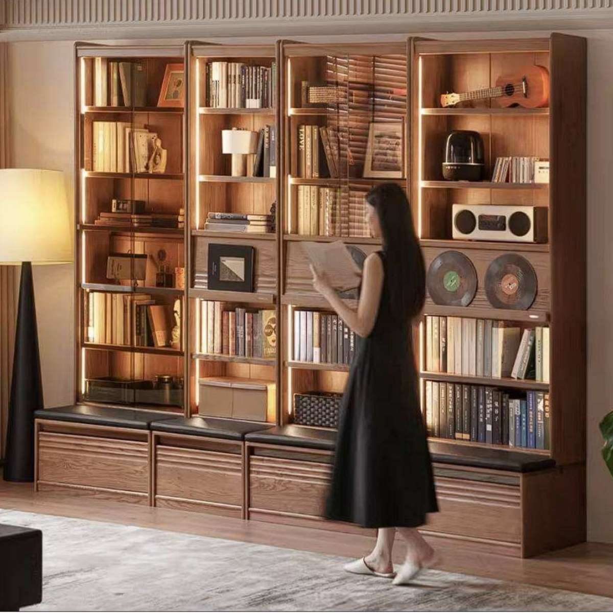 Ash Solid Wood Bookcase with Built In Bench Seat and Storage Drawer, D