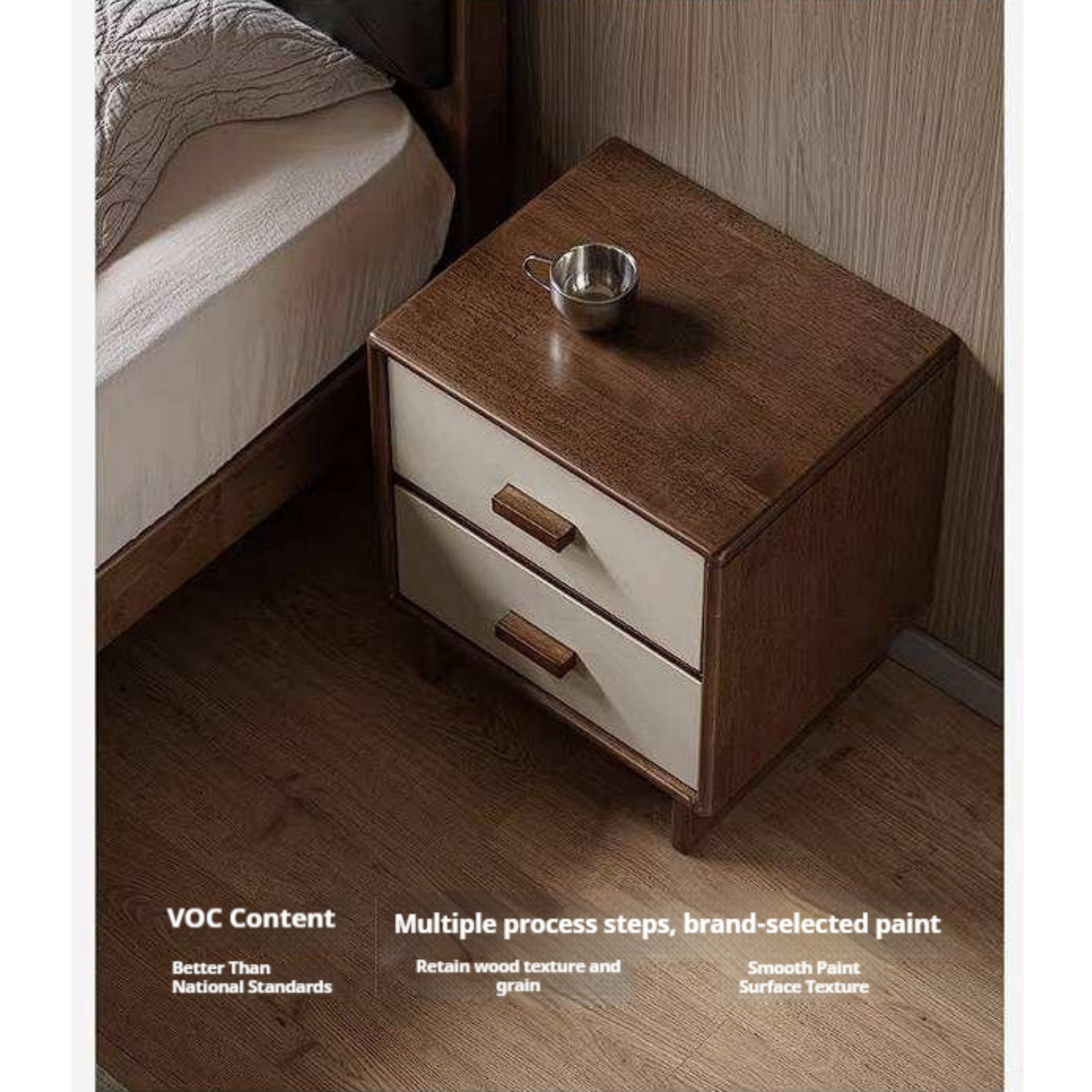 Rubberwood Solid Wood Two-Tone Nightstand with Cream Drawer Fronts and Tapered Legs