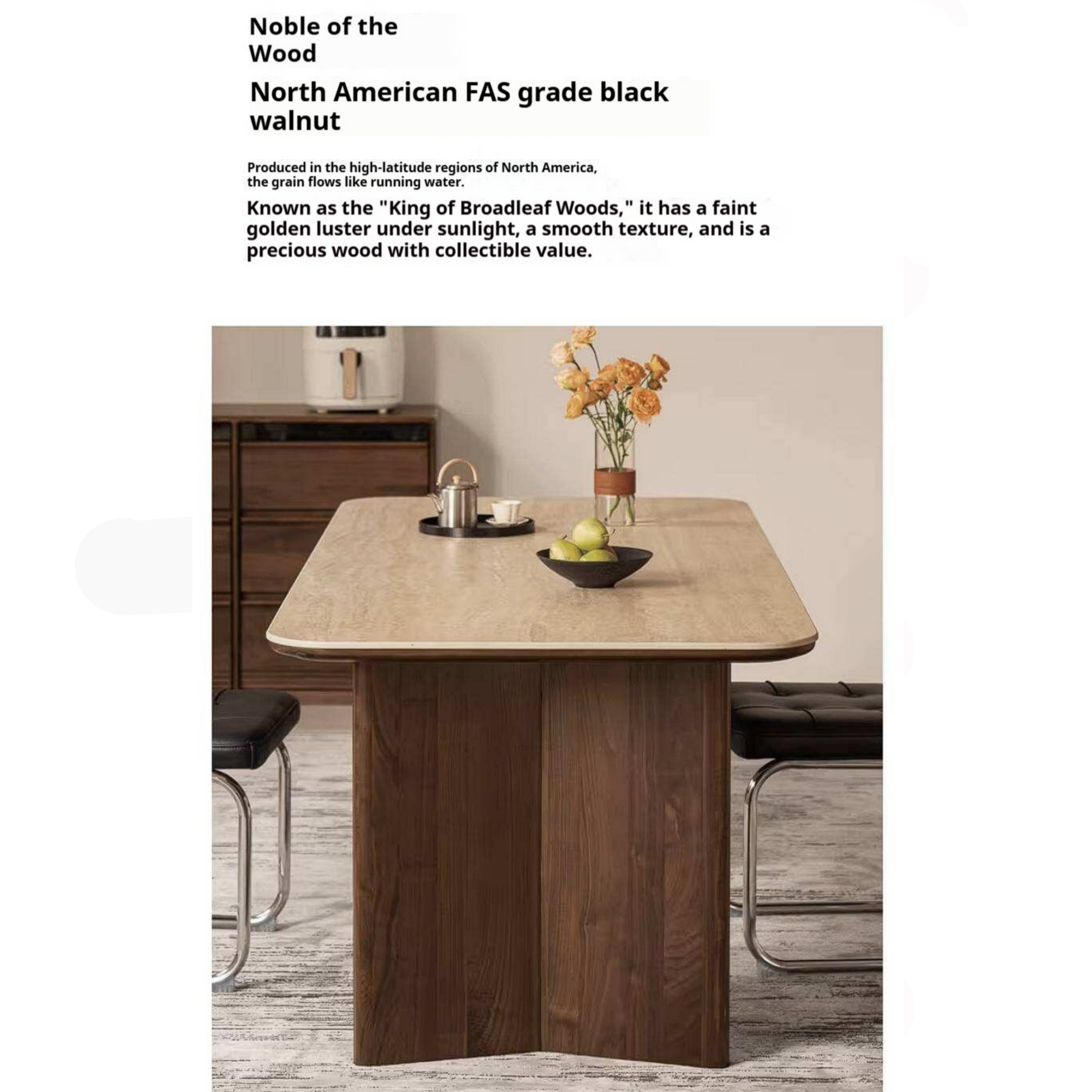 Black Walnut Solid Wood Trestle Dining Table with Stone Top and Panel Legs