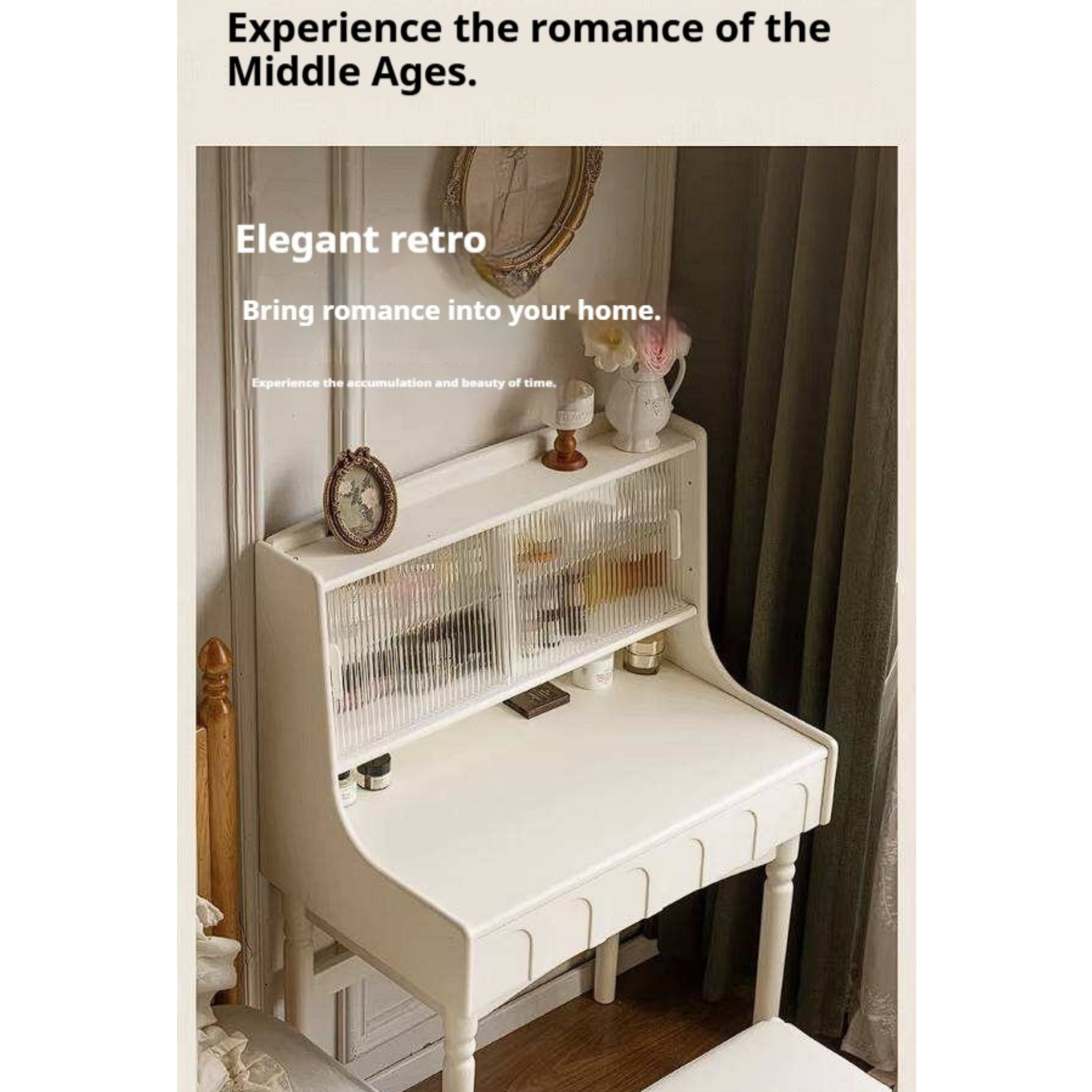 Rubberwood Solid Wood French Retro Vanity Desk with Lighted Storage Mirror and Drawers