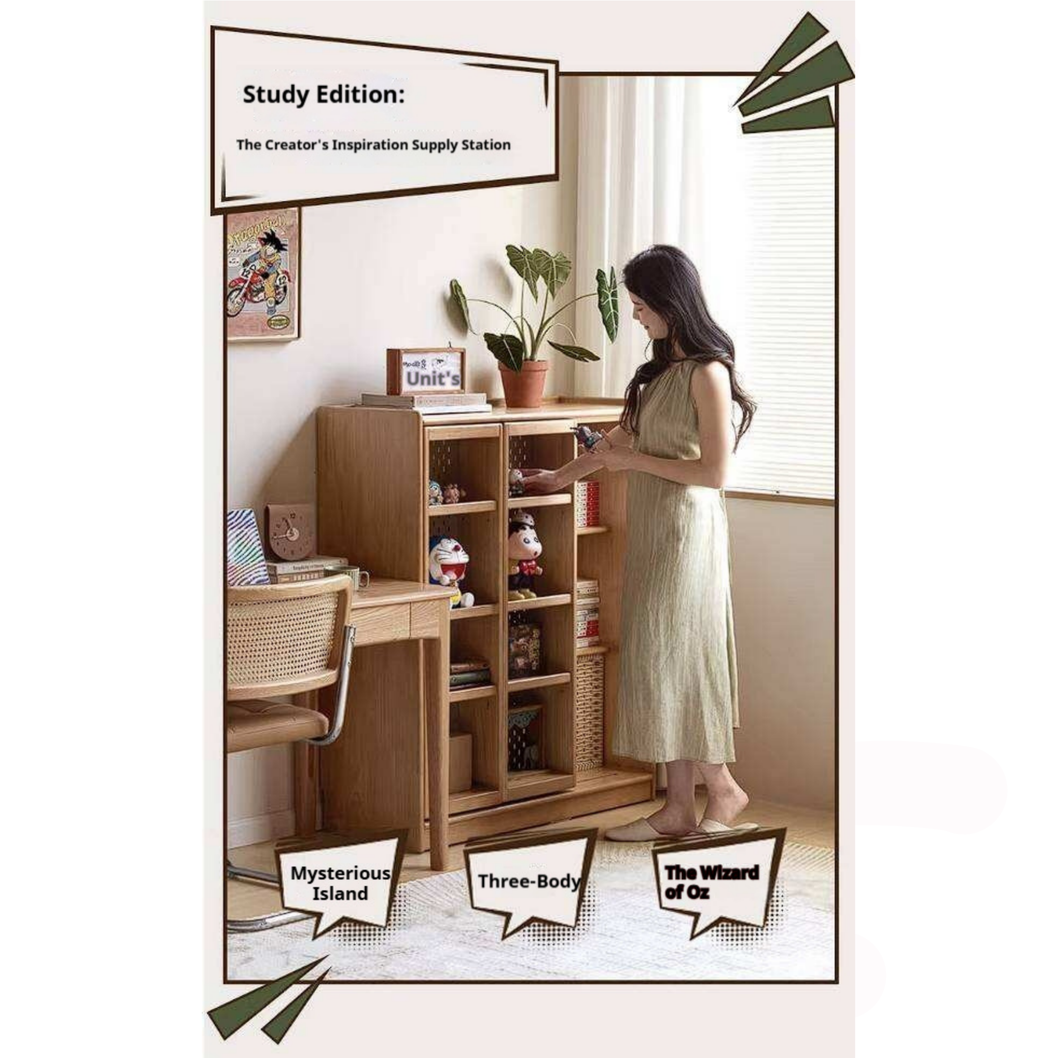 Rubberwood Solid Wood Bookshelf Floor-Standing Shelves and Sliding Doors