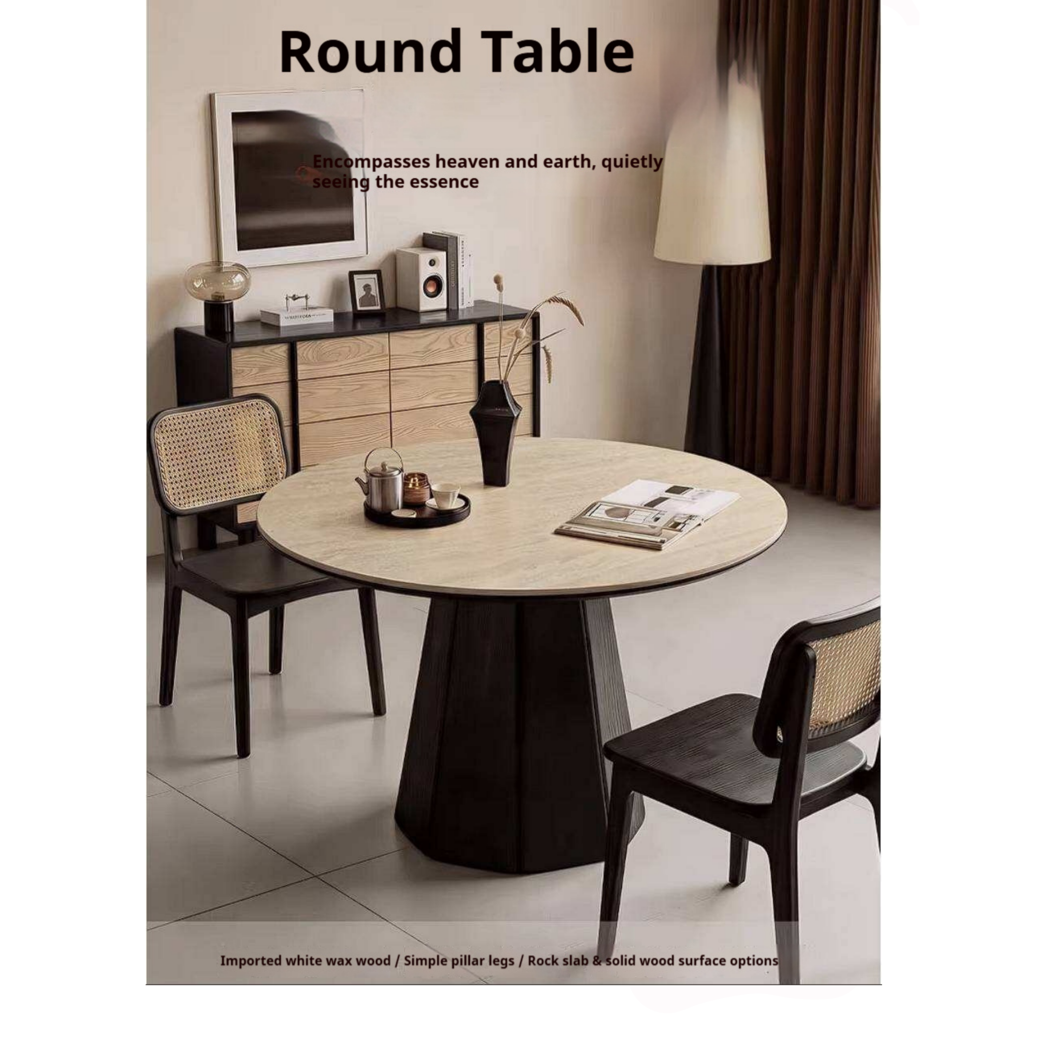 Ash Solid Wood Dining Table with Slate Top, Mid Century Round Design