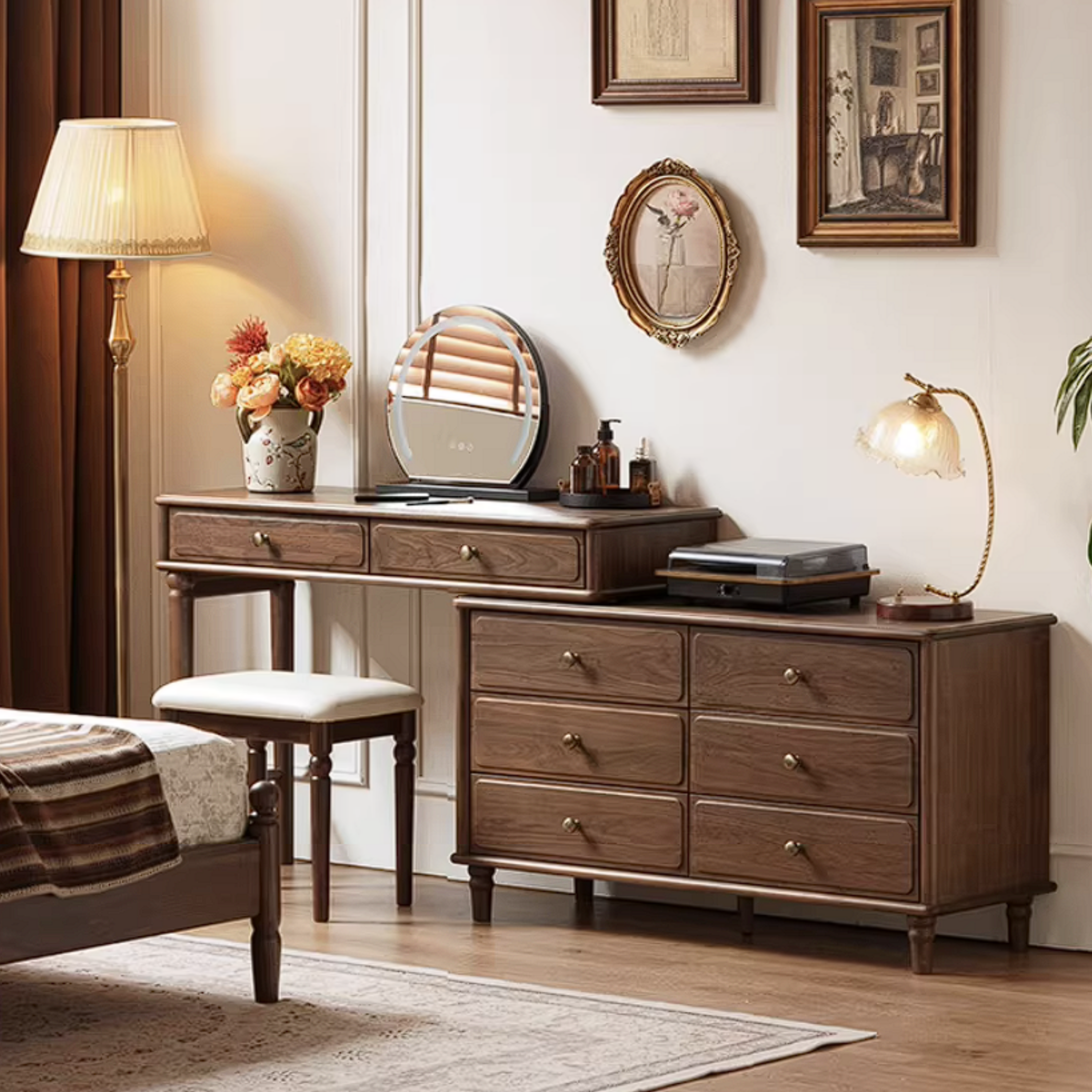 Black Walnut, Oak Solid Wood Extendable Vanity Desk and 6-Drawer Dresser Combo