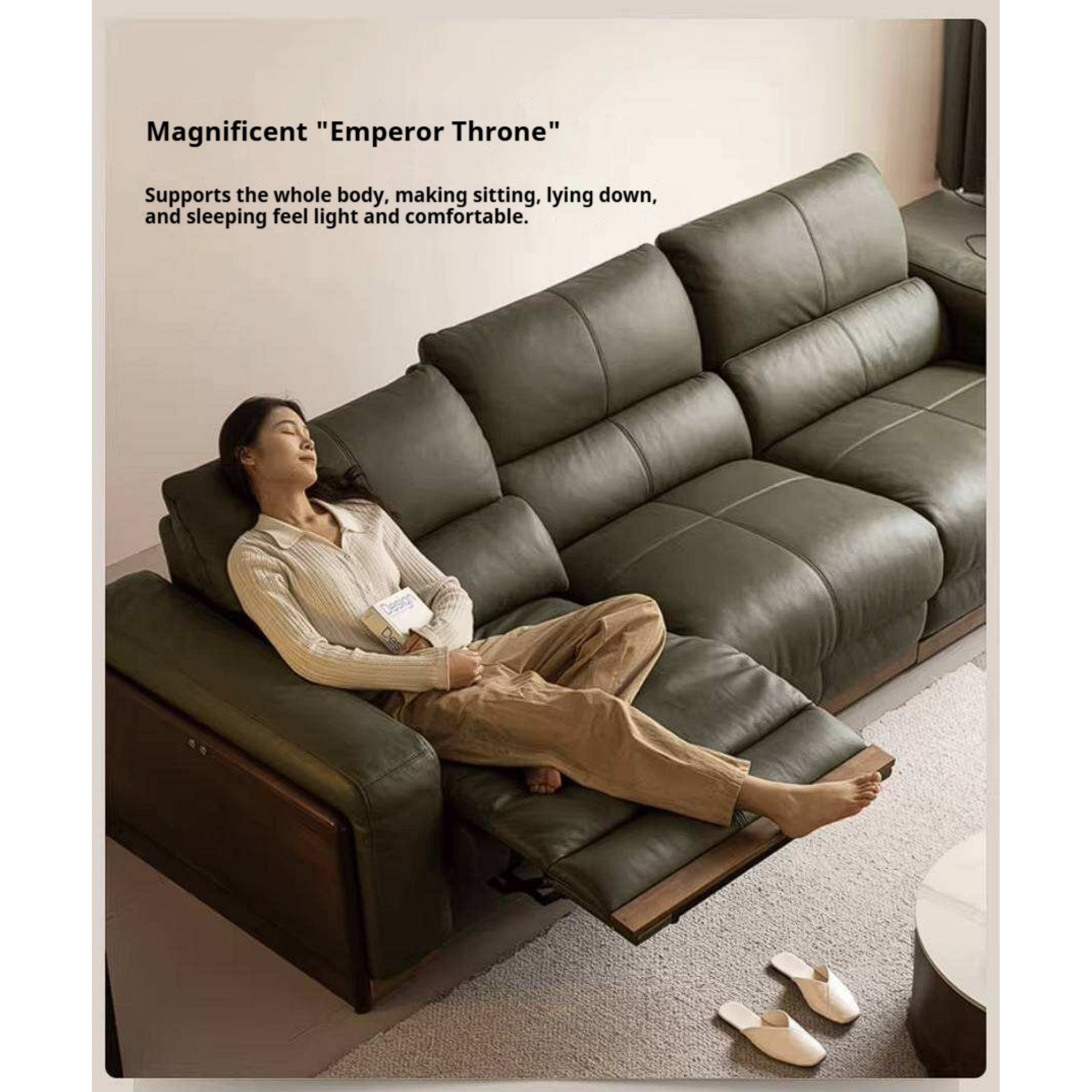 Black Walnut Solid Wood Genuine Leather Reclining Sofa with Zero Wall Clearance