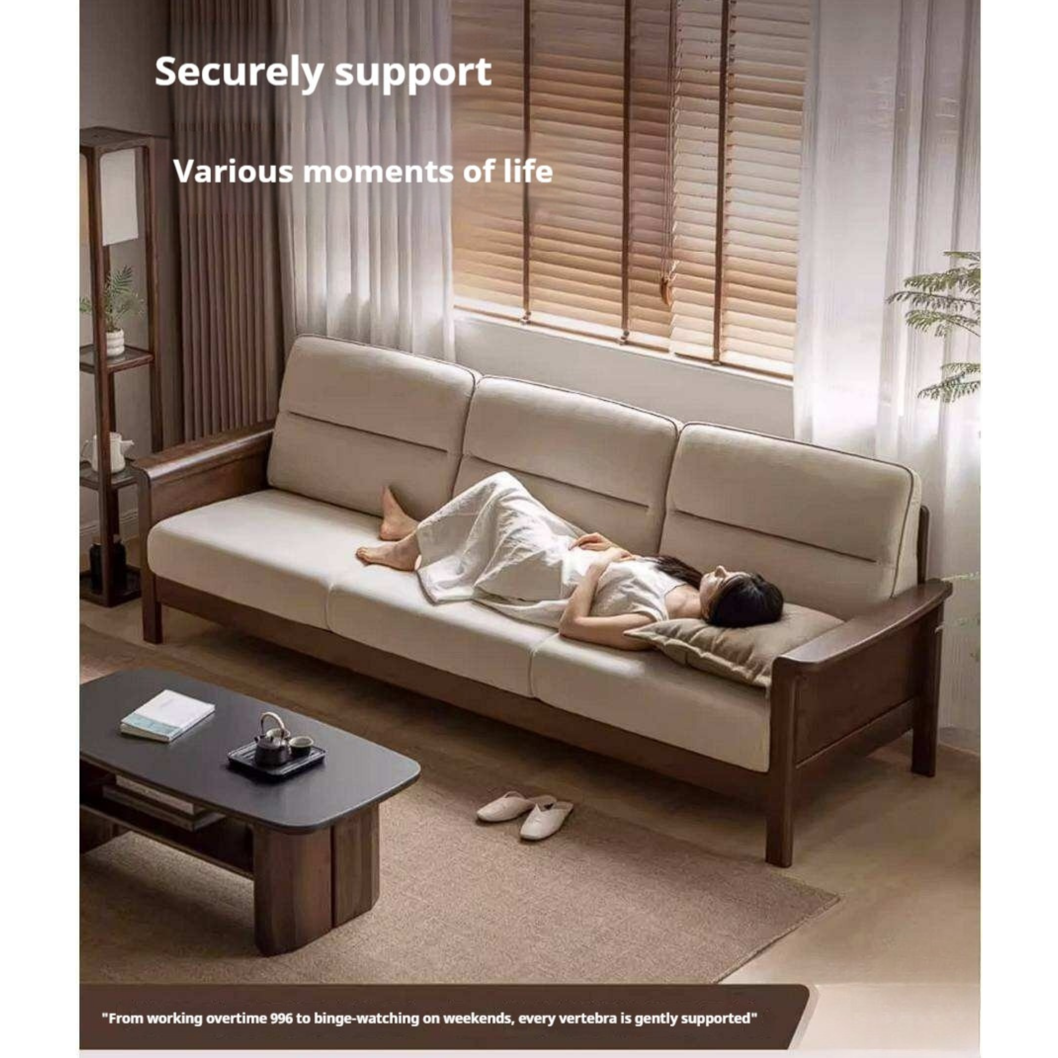 Golden Sandalwood Solid Wood Sofa with Soft Fabric Cushions