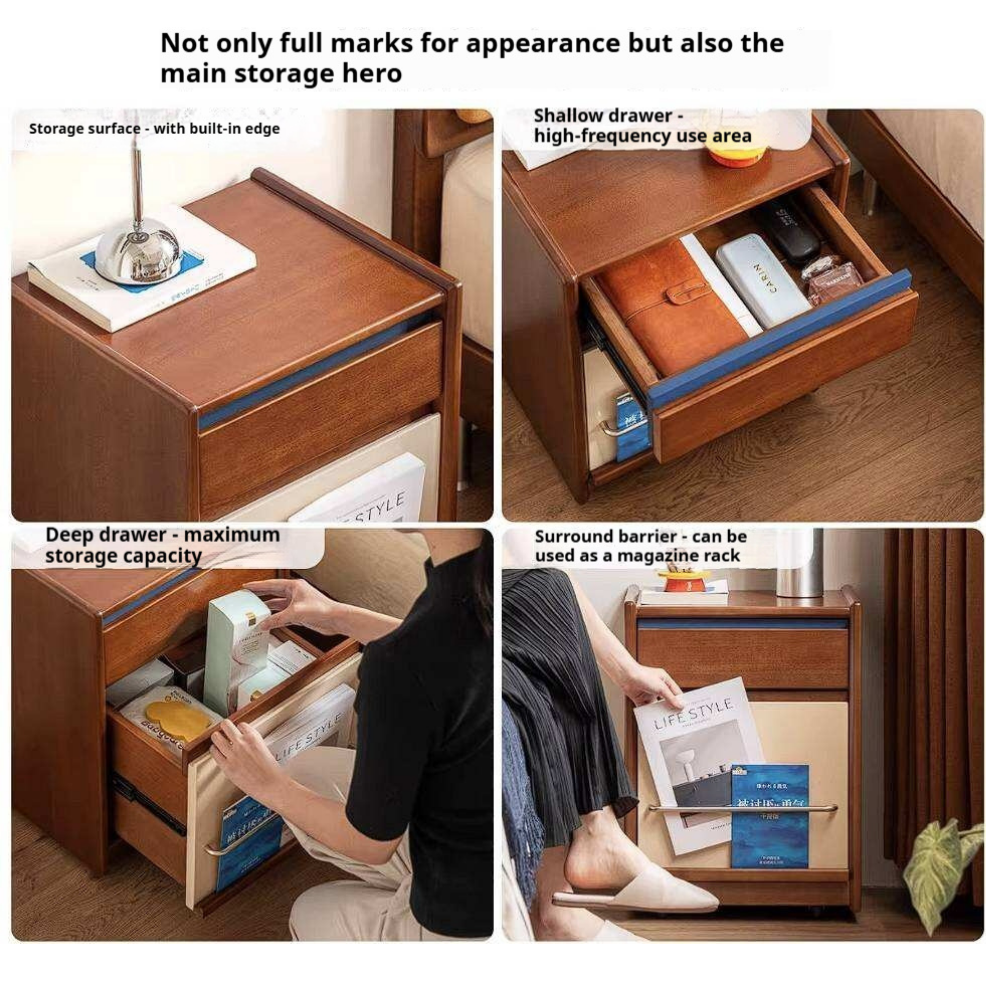 Poplar Solid Wood Two-Tone Rolling Nightstand with Magazine Rail