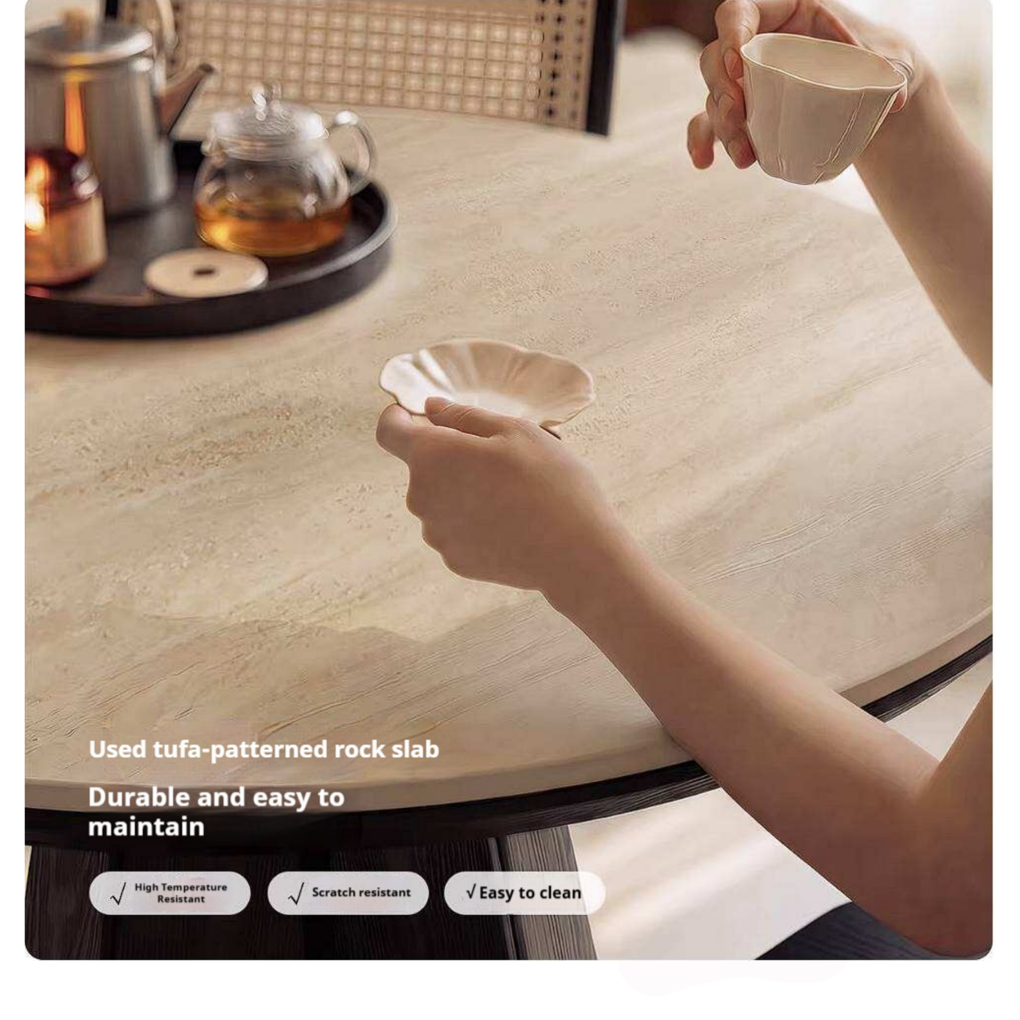 Ash Solid Wood Dining Table with Slate Top, Mid Century Round Design