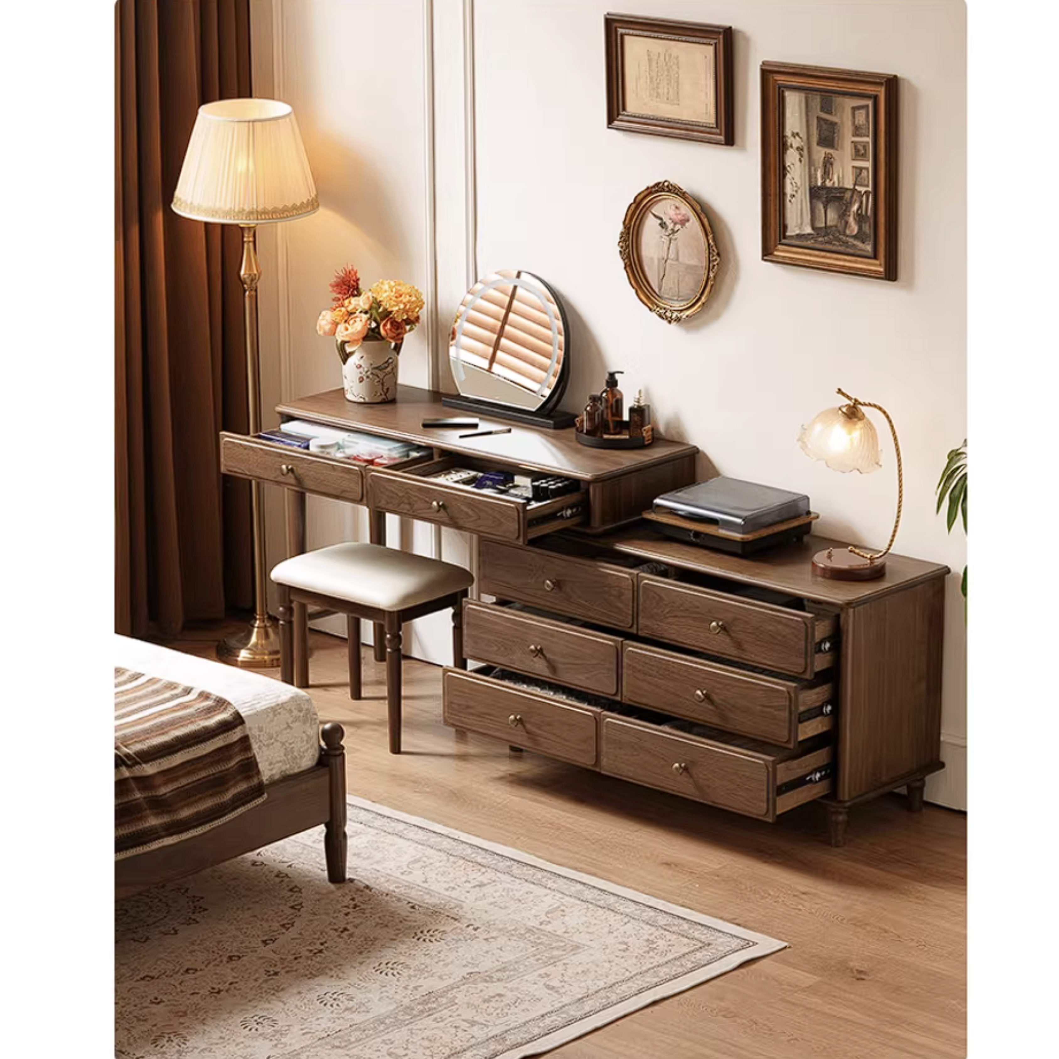 Black Walnut, Oak Solid Wood Extendable Vanity Desk and 6-Drawer Dresser Combo