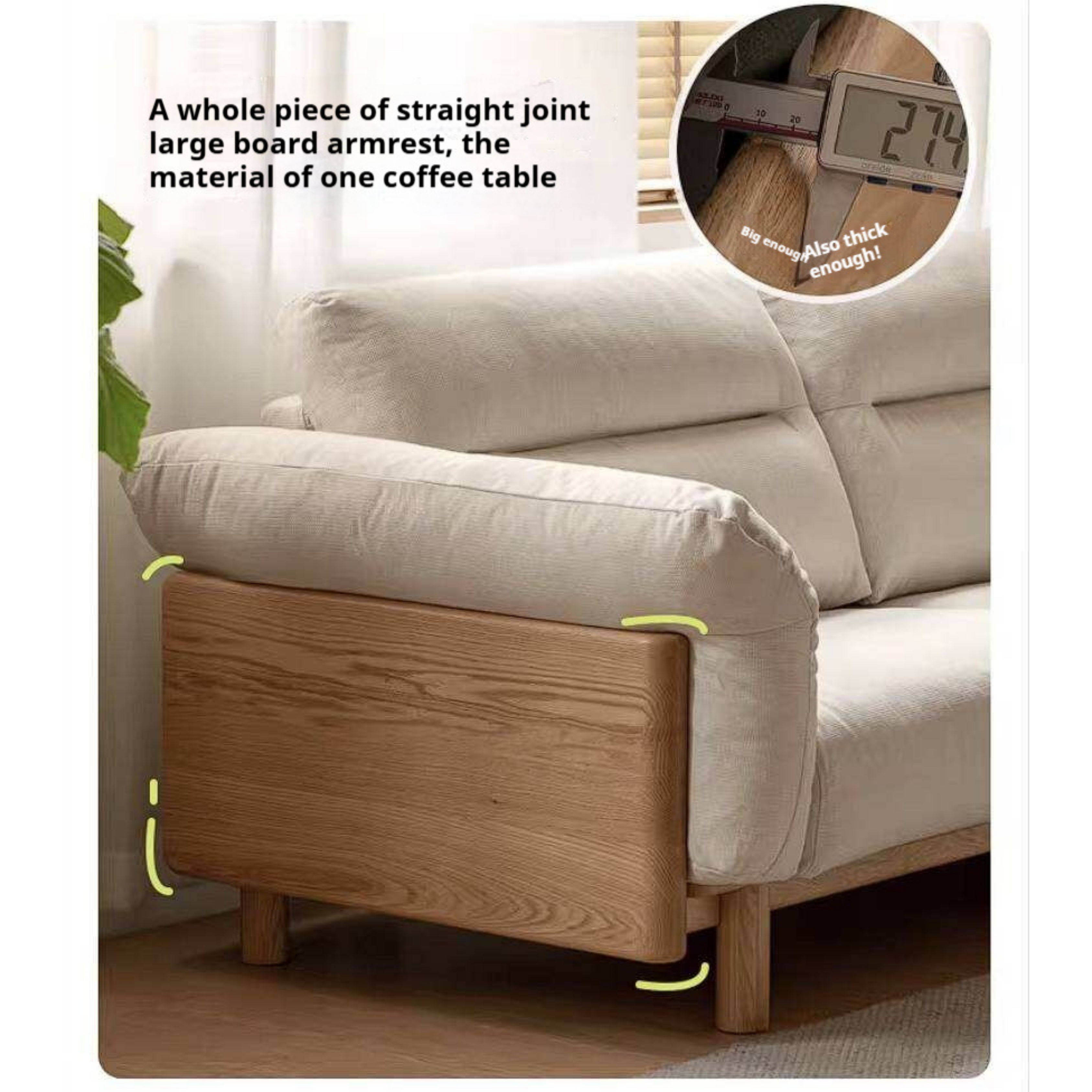 Oak Solid Wood Sofa with Wide Track Arms Genuine leather, fabric, removable and washable