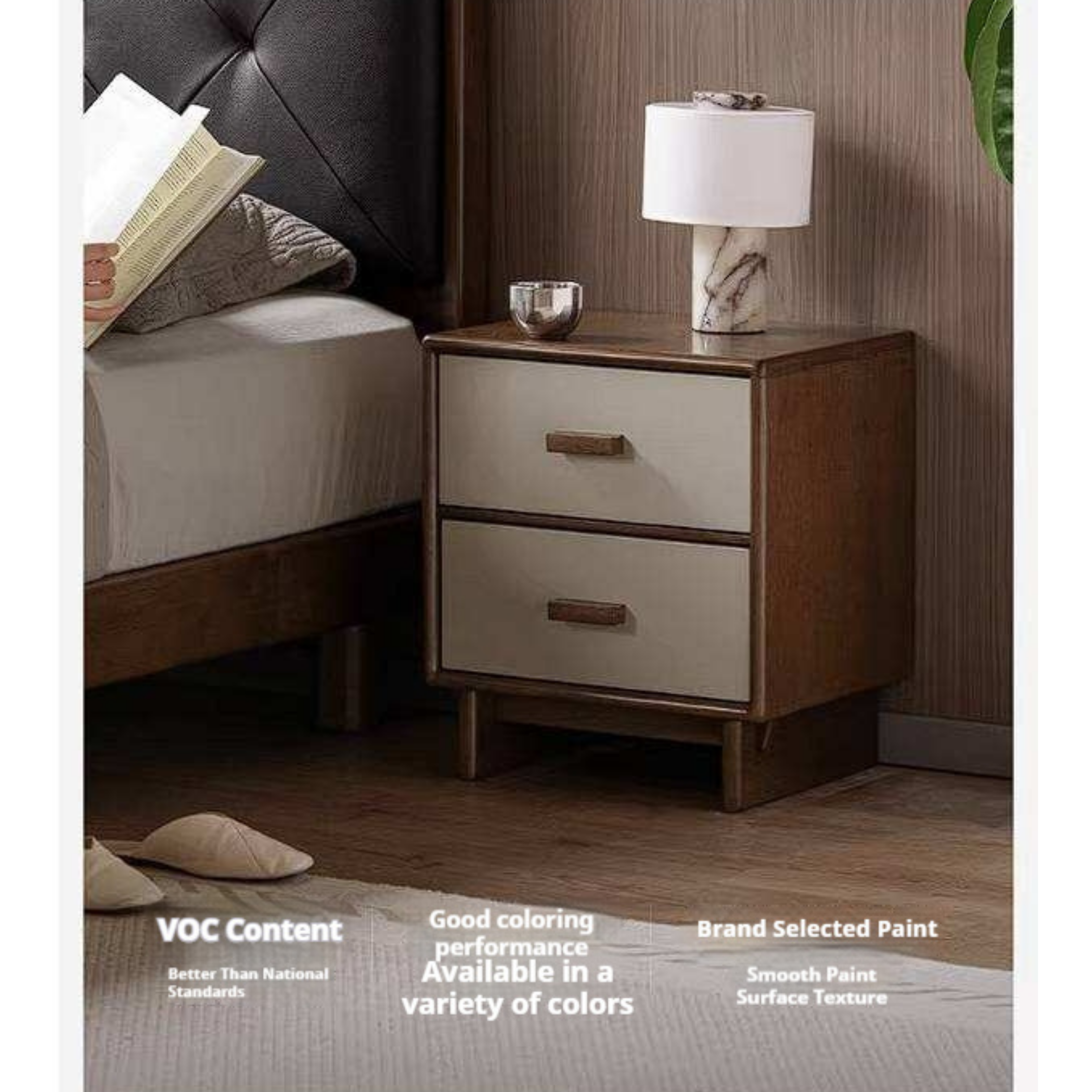 Rubberwood Solid Wood Two-Tone Nightstand with Cream Drawer Fronts and Tapered Legs