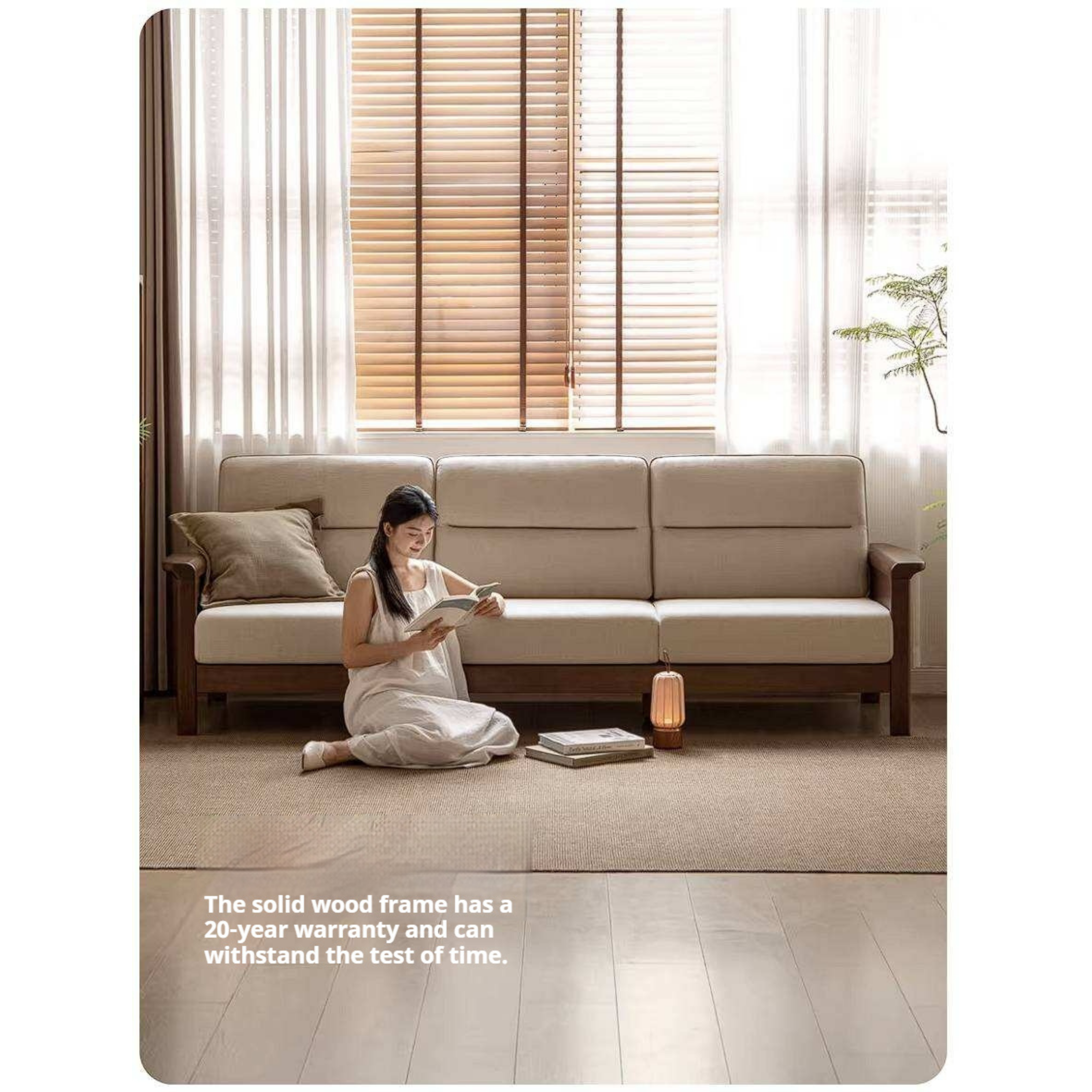 Golden Sandalwood Solid Wood Sofa with Soft Fabric Cushions