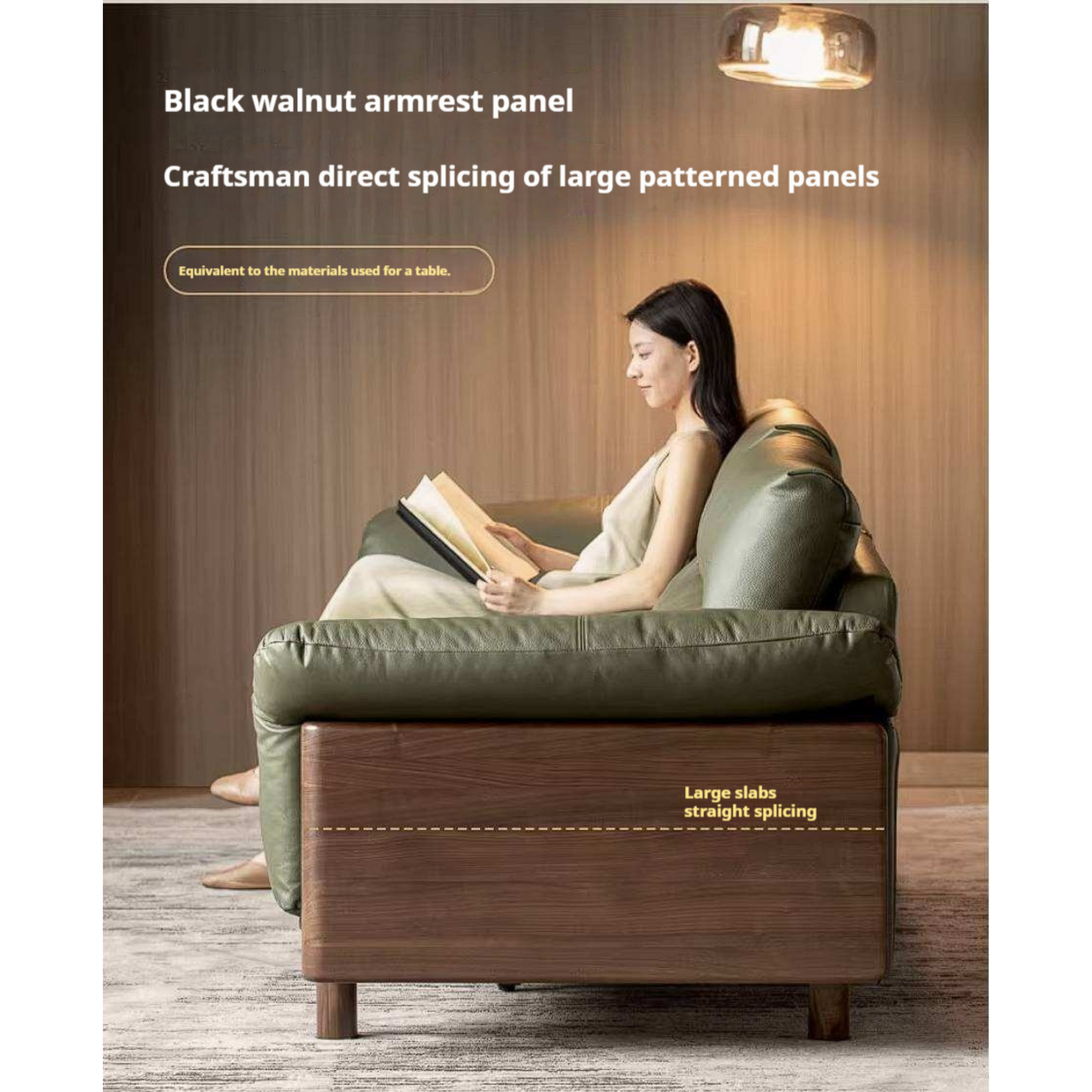 Black Walnut Solid Wood Genuine Leather Sofa with High Back
