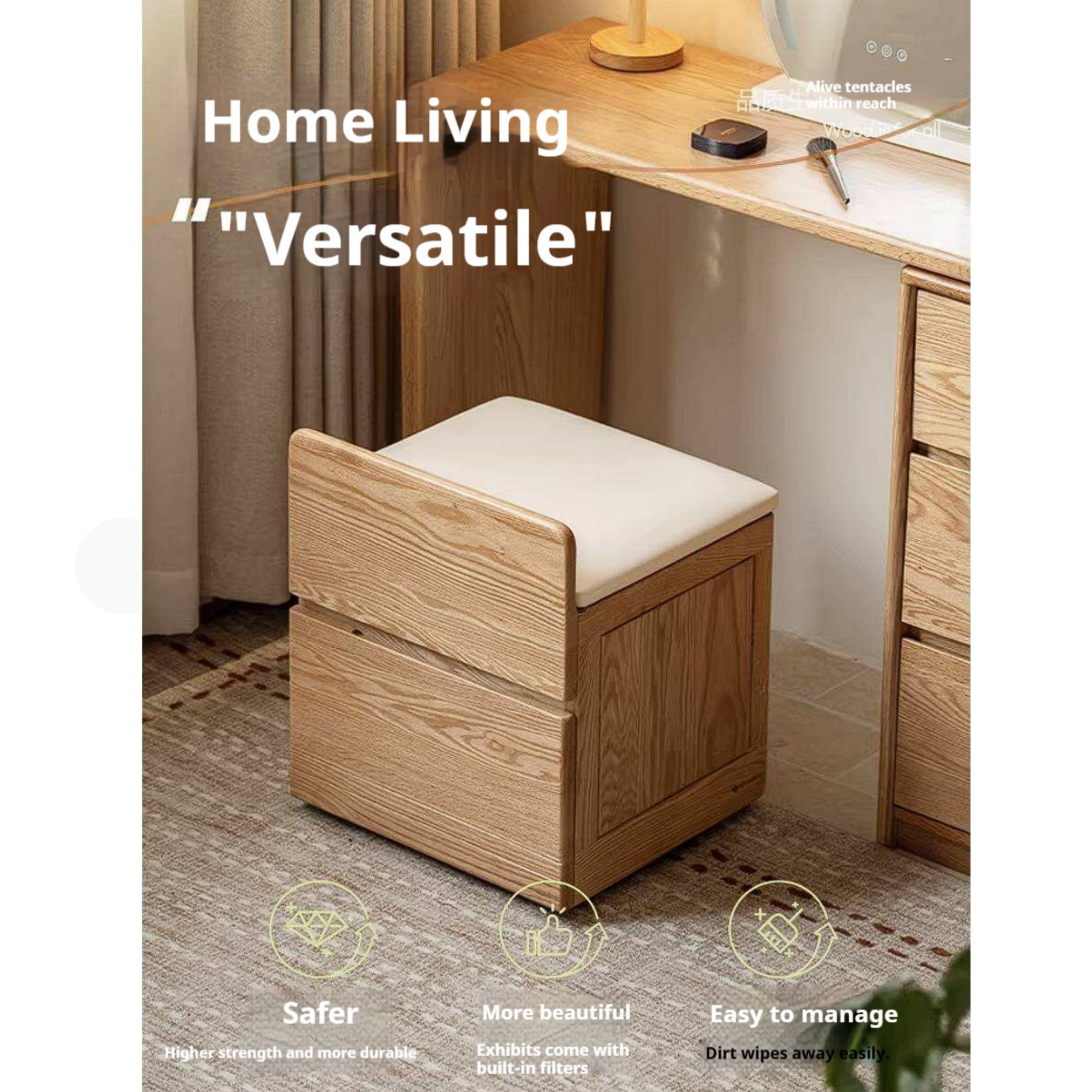 Oak, Ash, Black Walnut, Cherry Solid Wood Storage Vanity Stool with Upholstered Flip-Top Seat and Drawer