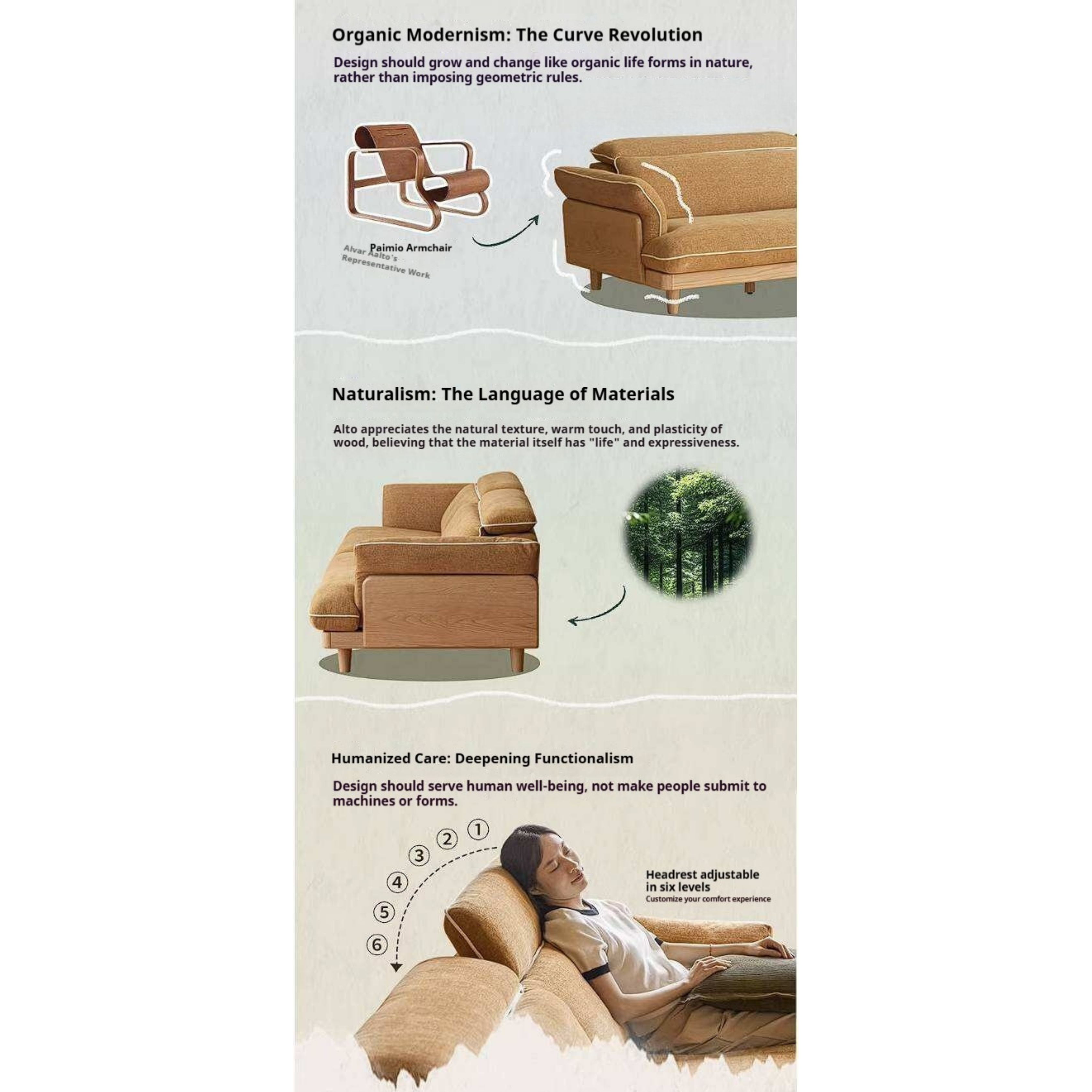 Oak Solid Wood High Back Chenille Sofa with Curved Arms
