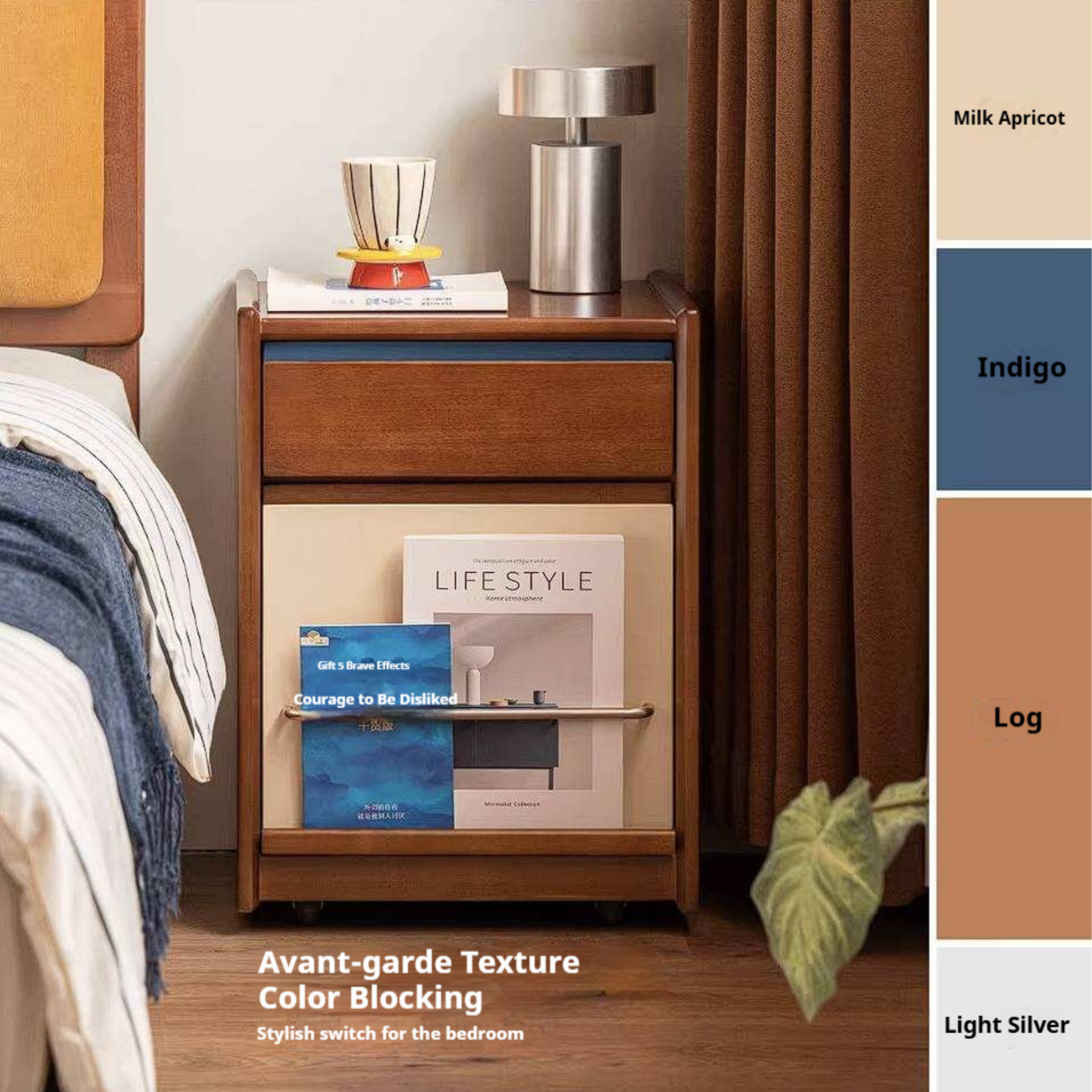 Poplar Solid Wood Two-Tone Rolling Nightstand with Magazine Rail