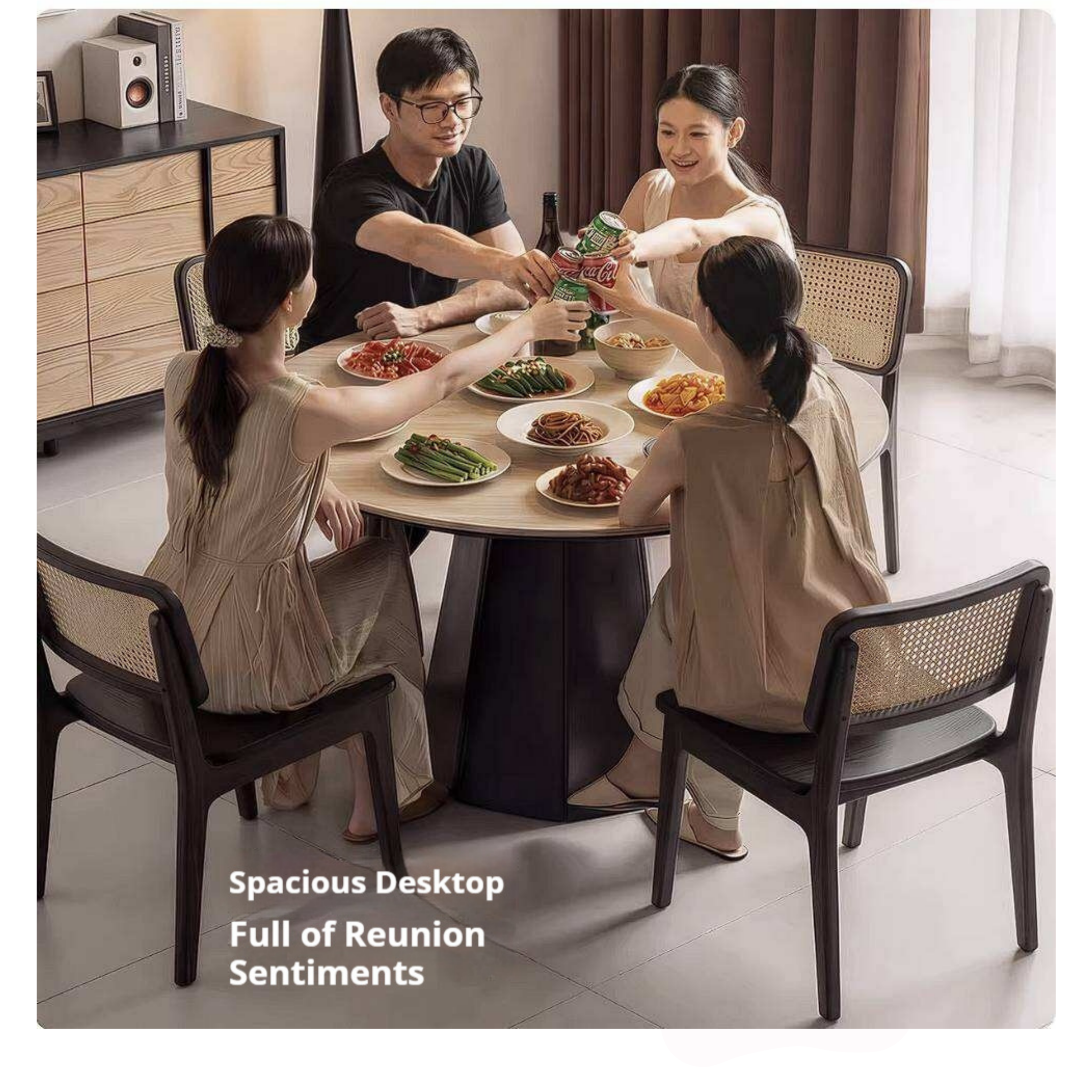 Ash Solid Wood Dining Table with Slate Top, Mid Century Round Design