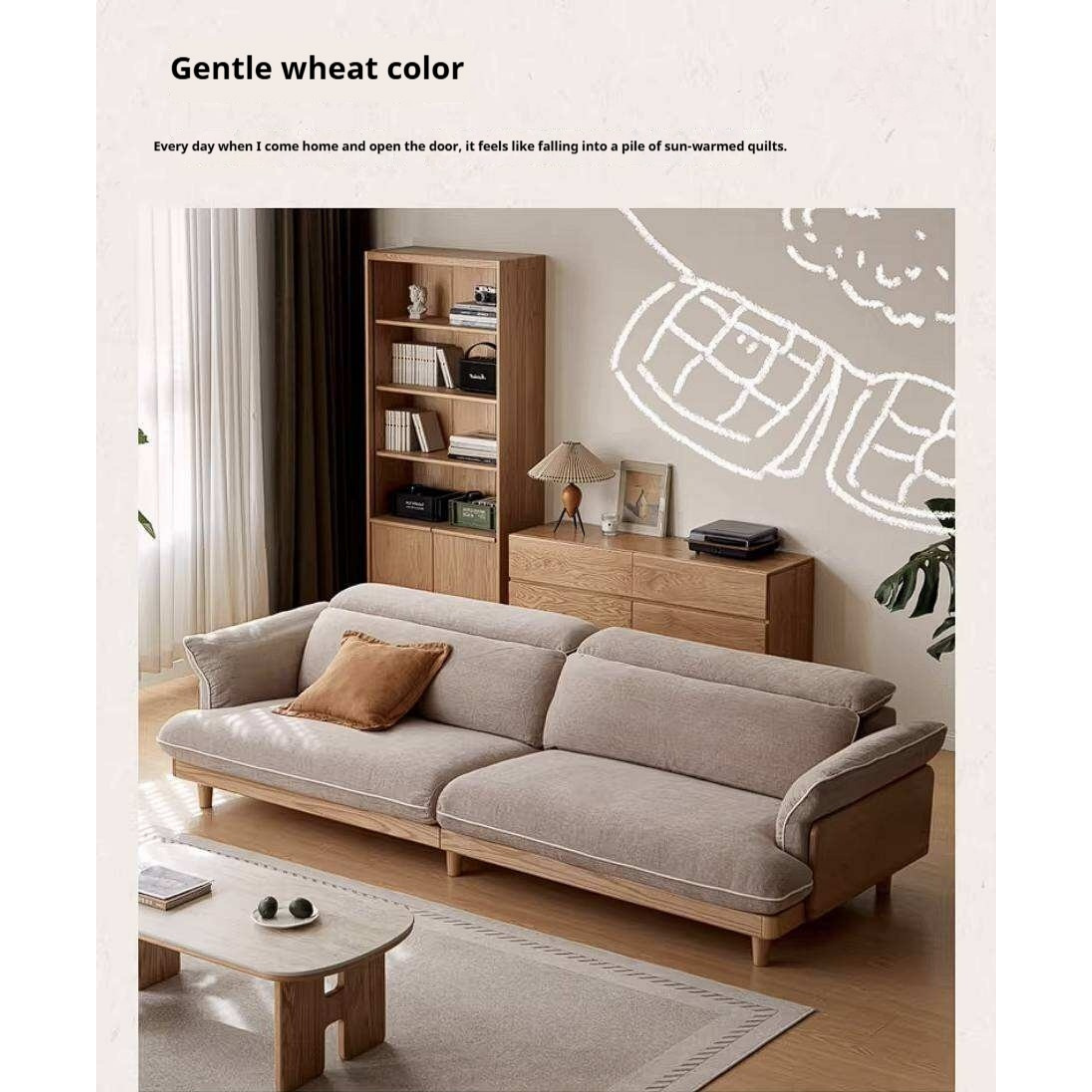 Oak Solid Wood High Back Chenille Sofa with Curved Arms