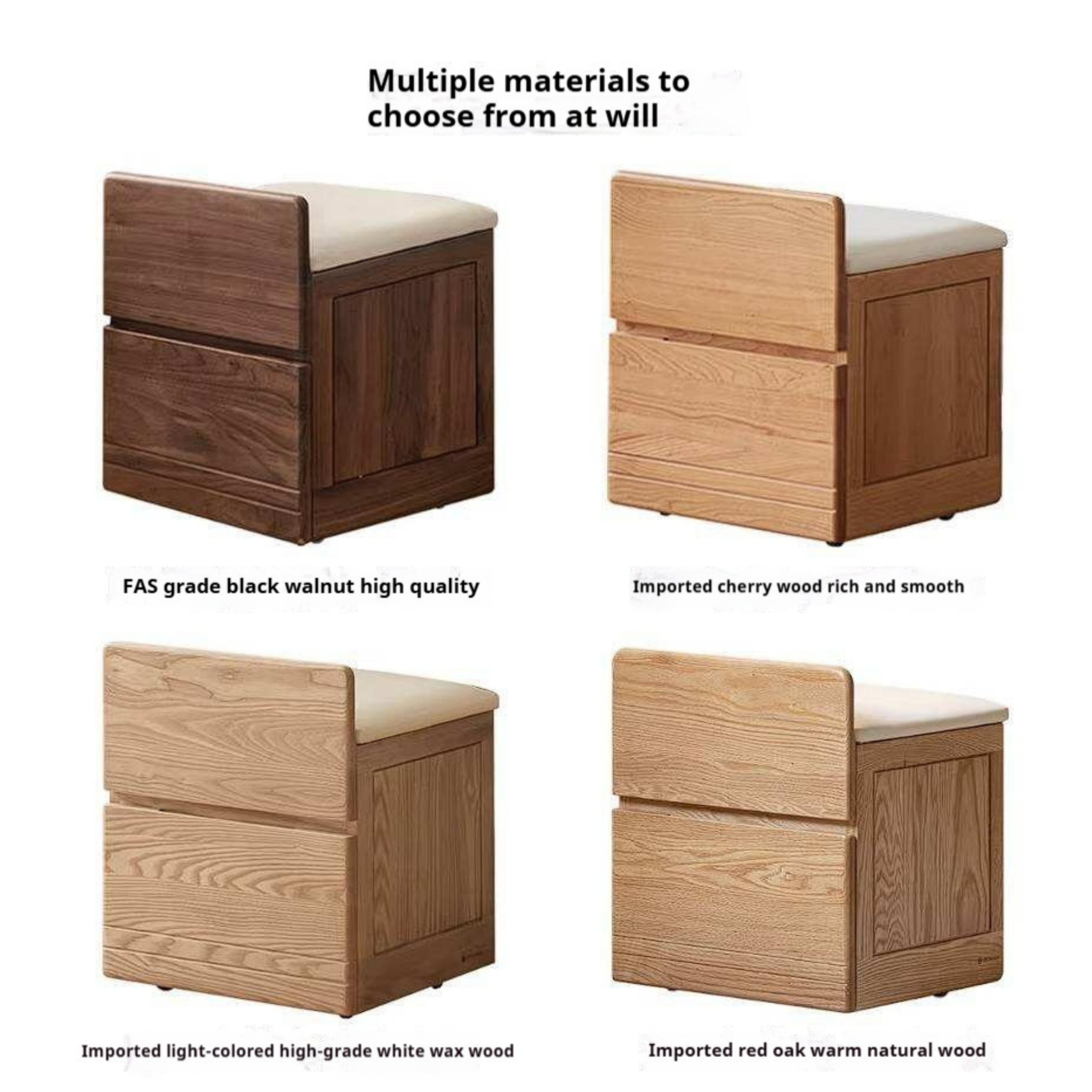 Oak, Ash, Black Walnut, Cherry Solid Wood Storage Vanity Stool with Upholstered Flip-Top Seat and Drawer