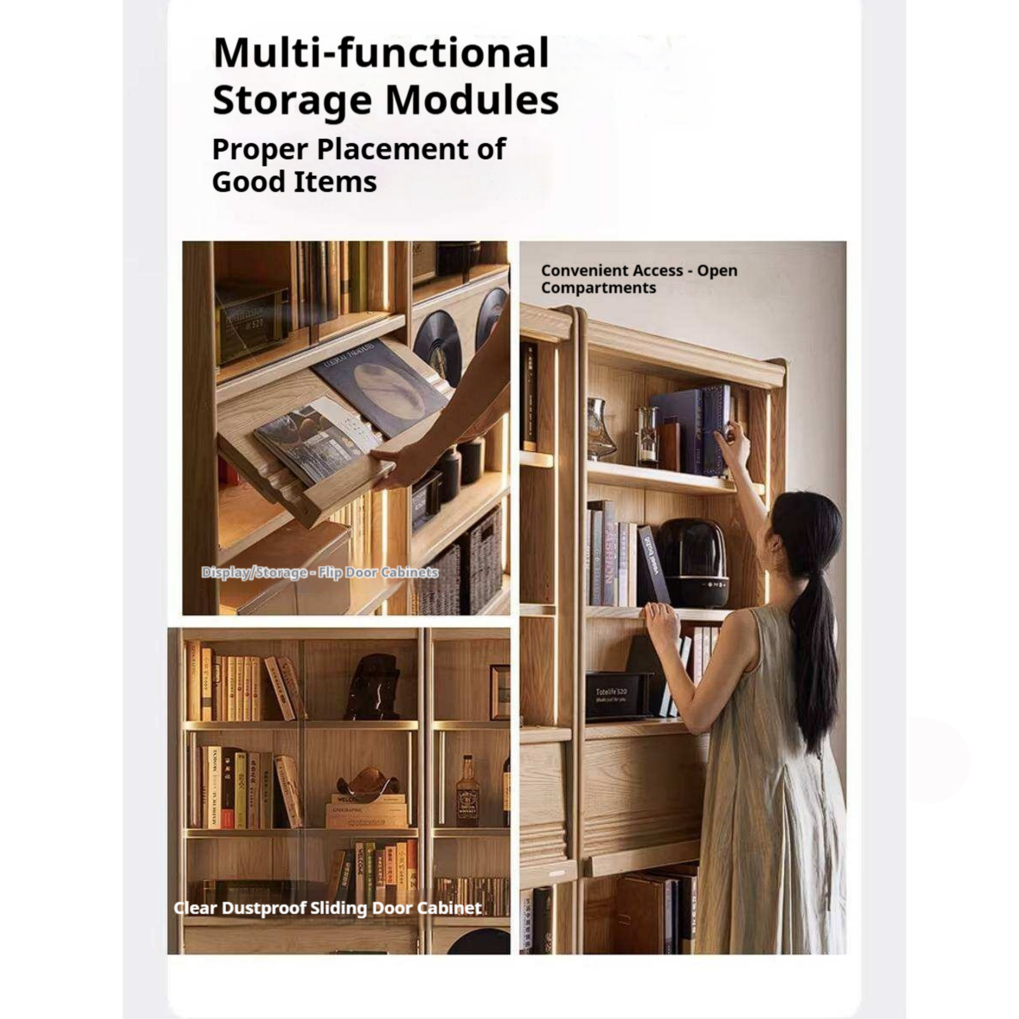 Ash Solid Wood Bookshelf with Wall Mounted Display Cabinet Design