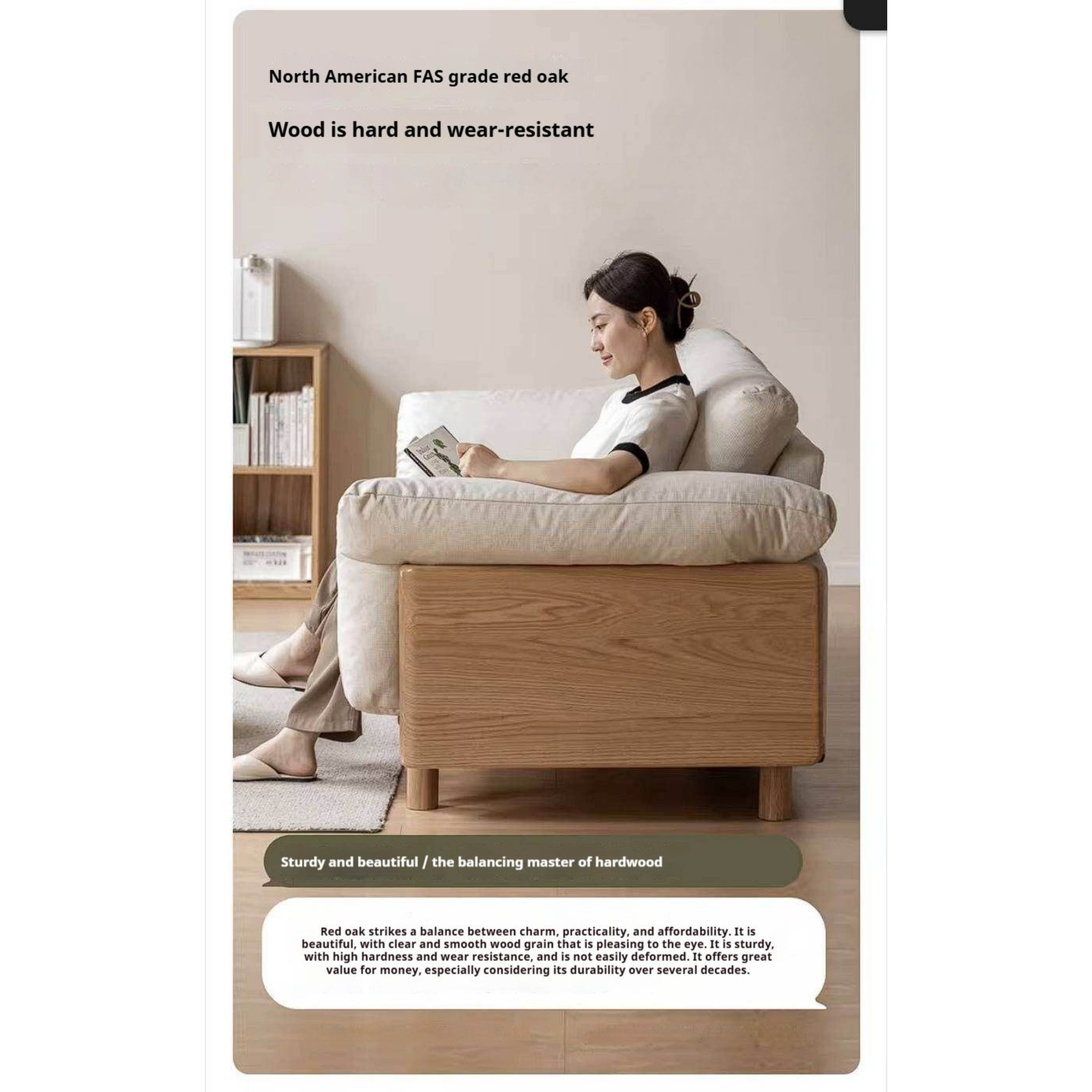 Oak Solid Wood Sofa with Wide Track Arms Genuine leather, fabric, removable and washable