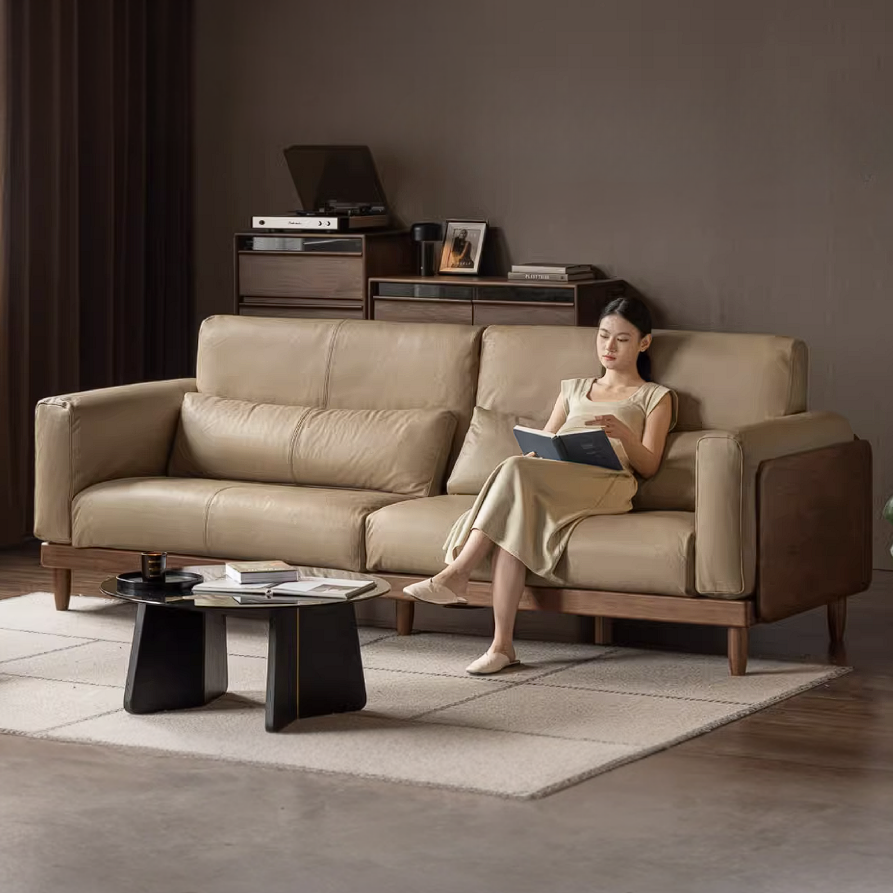 Black Walnut, Golden Sandalwood Solid Wood Sofa Genuine leather, fabric