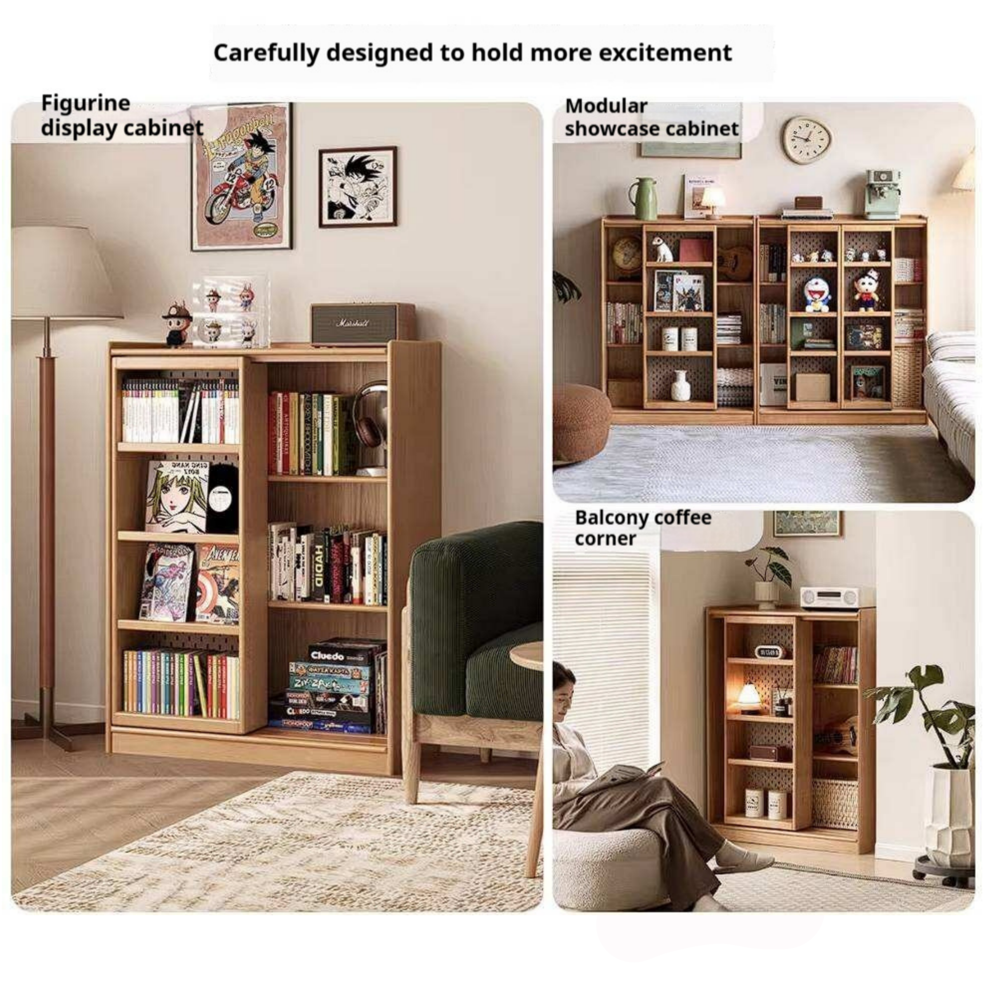 Rubberwood Solid Wood Bookshelf Floor-Standing Shelves and Sliding Doors