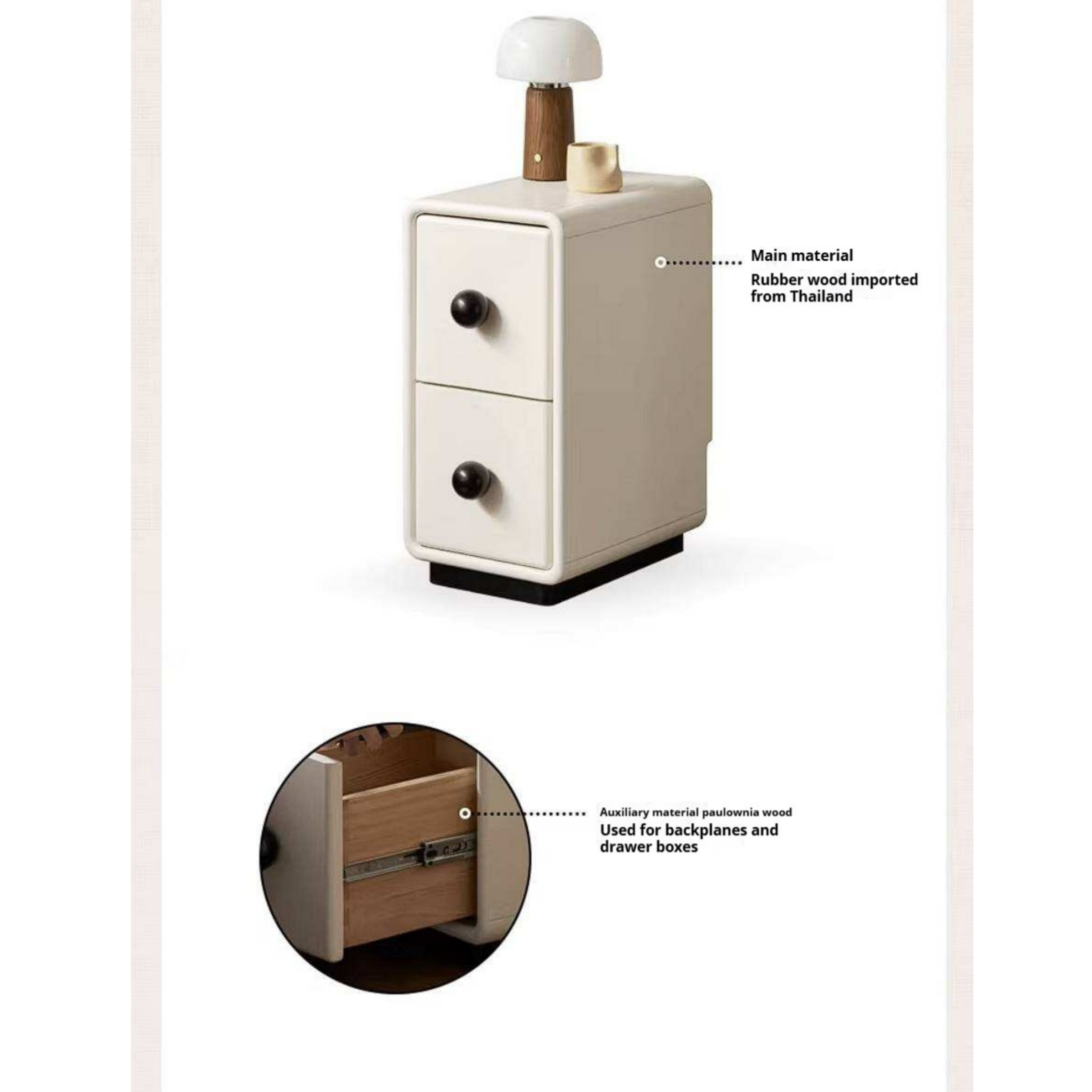 Rubberwood Solid Wood Slim Cream White Nightstand with Rounded Corners and Two Drawers