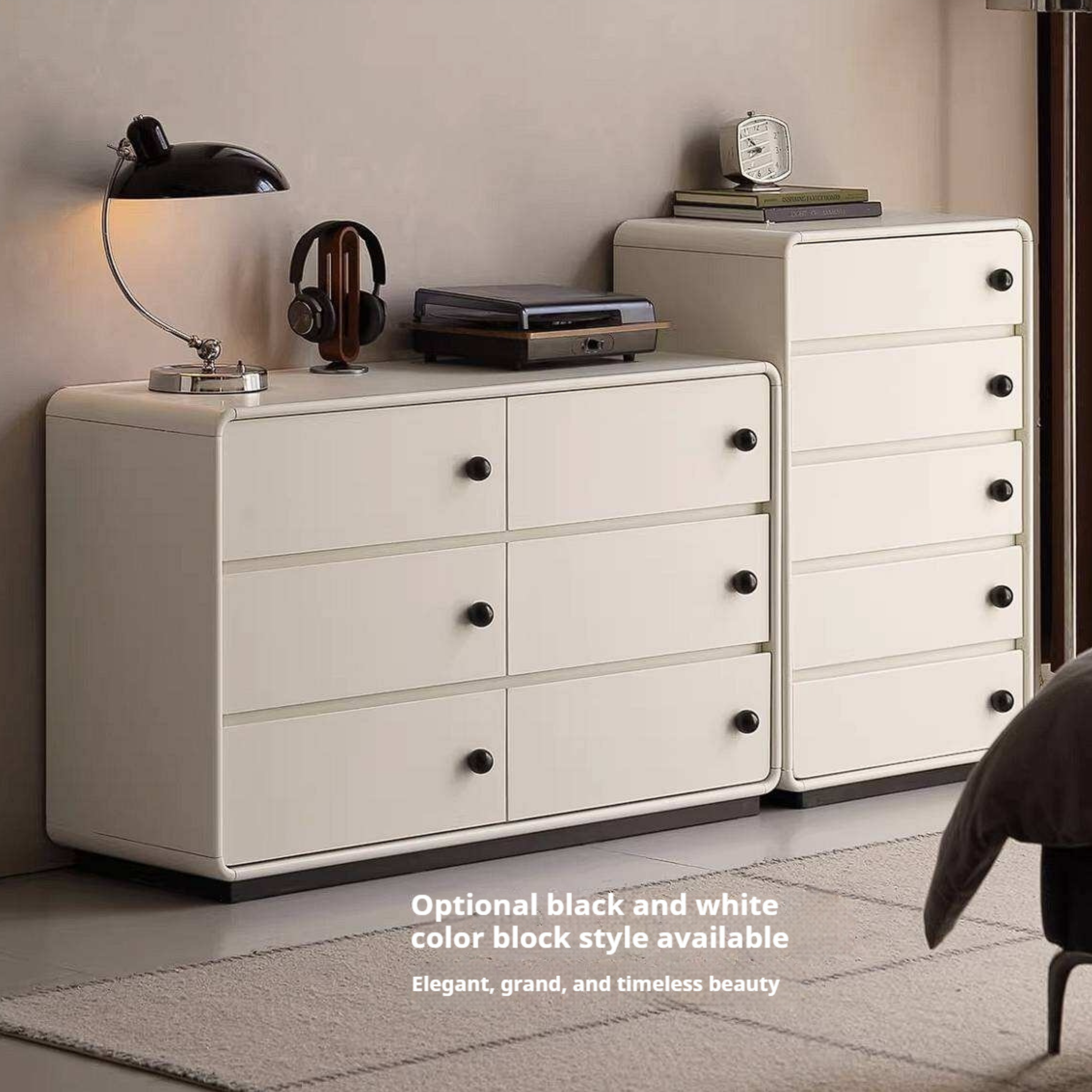 Rubberwood Solid Contemporary Two-Tone Dresser with Rounded Edge Frame and Minimalist Modular Design